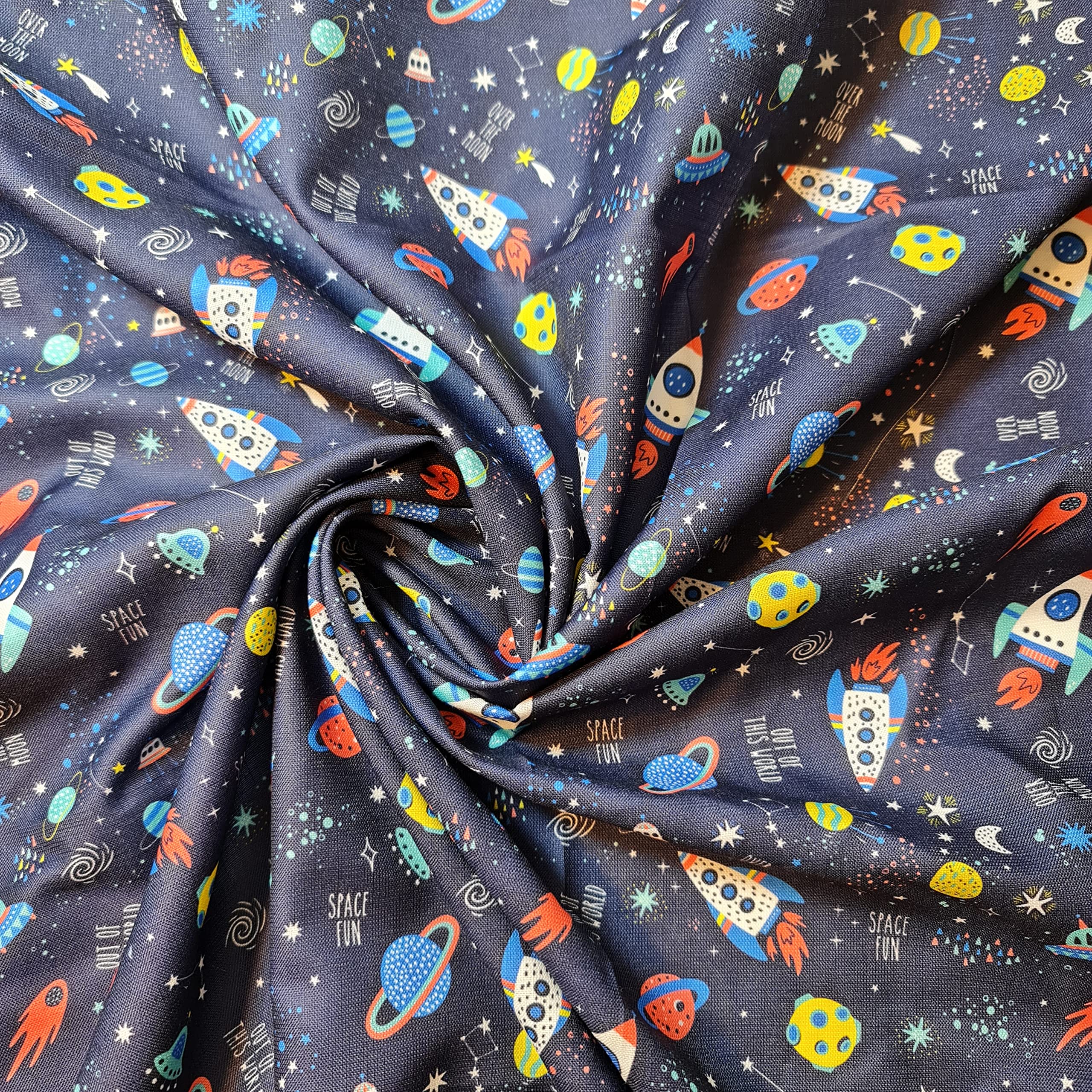 Textile Station 100% Cotton Poplin Fabric x 150cm - Cotton Print Quilting Fabric - Navy Base Space Fun (1 Metre)