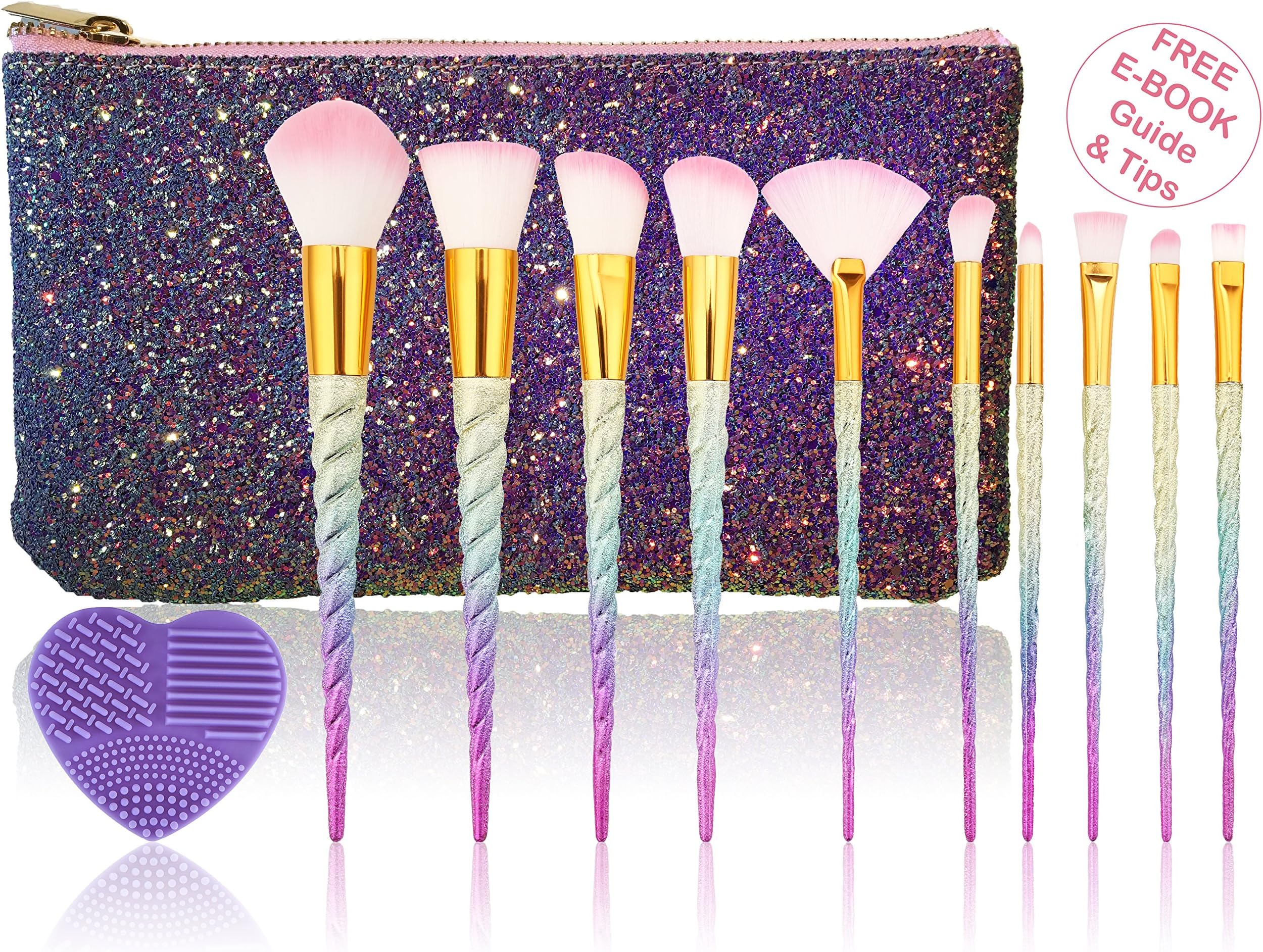 Unicorn Makeup Brushes Rainbow Colourful Premium Set with Synthetic and Vegan Bristles | Blending Foundation Eyeshadow | Mermaid Glitter Bag and Brush Cleaner | FREE E-Book | By UnicornLifestyle