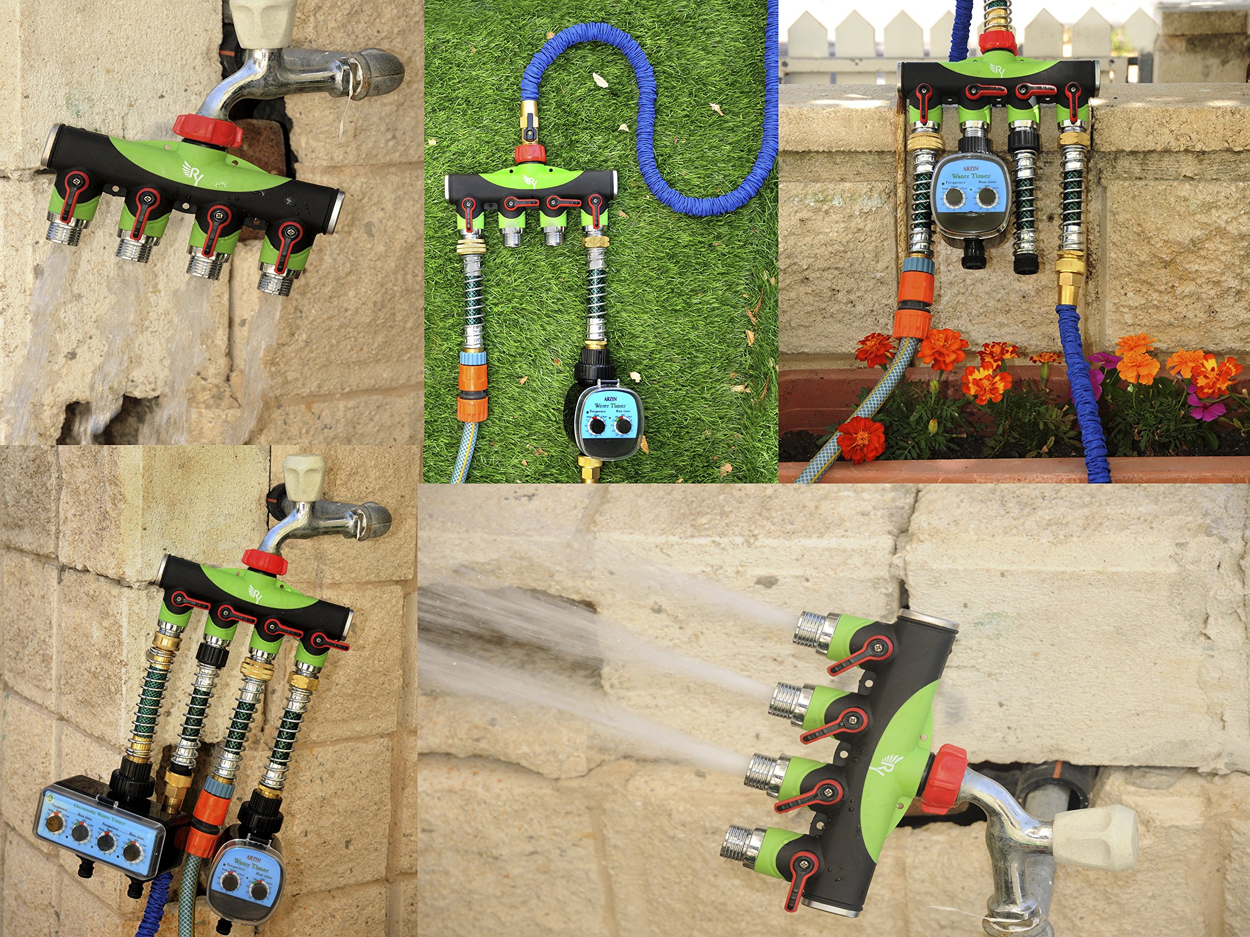 RAAYA 4 Way Hose Splitter With Short Garden Coil Hose Arthritis Friendly leak-proof Water Splitter Quick Switch Connector Ball Valve Rubber Washers Ultra High Flow at Four Outlets One Year Warranty