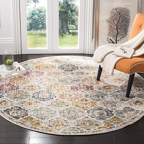 Safavieh Madison Collection MAD611B Boho Chic Floral Medallion Trellis Distressed Non-Shedding Stain Resistant Living Room Bedroom Area Rug, 5'3" x 5'3" Round, Cream / Multi