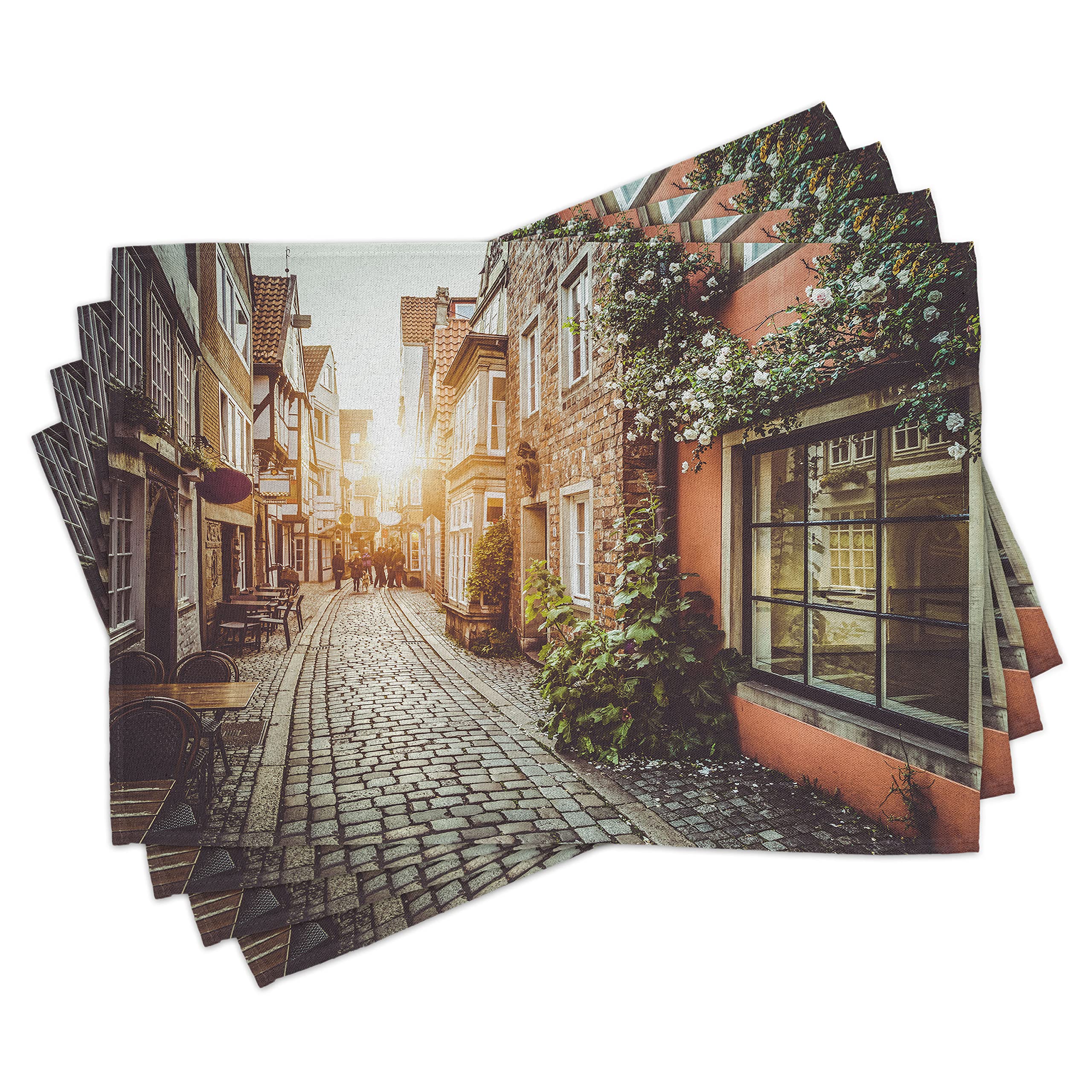 ABAKUHAUS City Place Mats Set of 4, Old Town Photography Europe Scenes Vintage Buildings Cafes Cool Architecture, Washable Fabric Placemats for Dining Table, Standard Size, Orange Grey