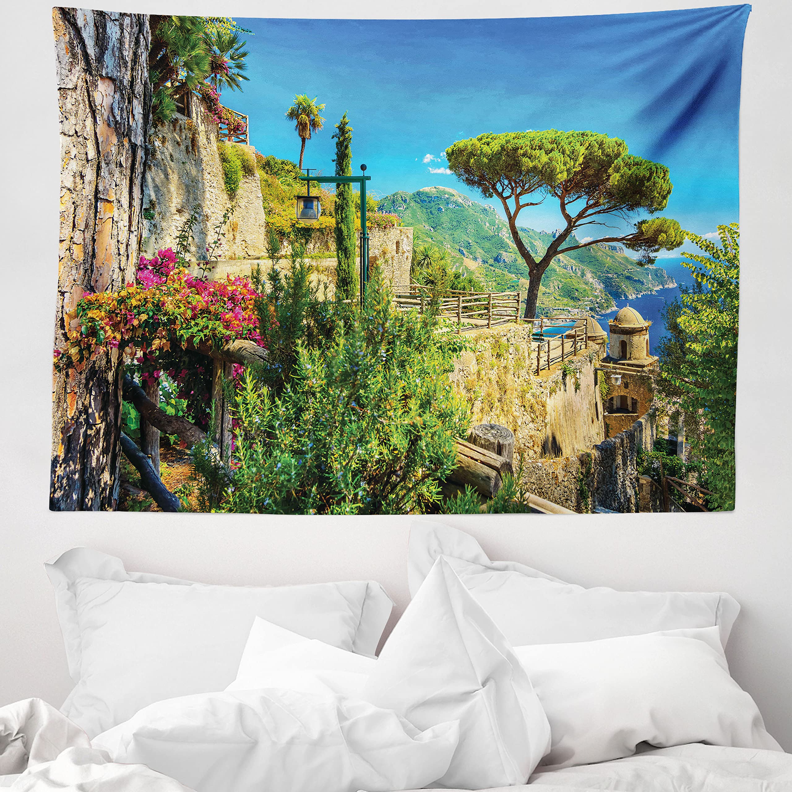 ABAKUHAUS Scenery Tapestry, Mediterranean Cute Stone Made Village with Trees Blossoms Flower Mountain and Sea, Fabric Wall Hanging Decor for Bedroom Living Room Dorm, 58 W X 43 L, Multicolor