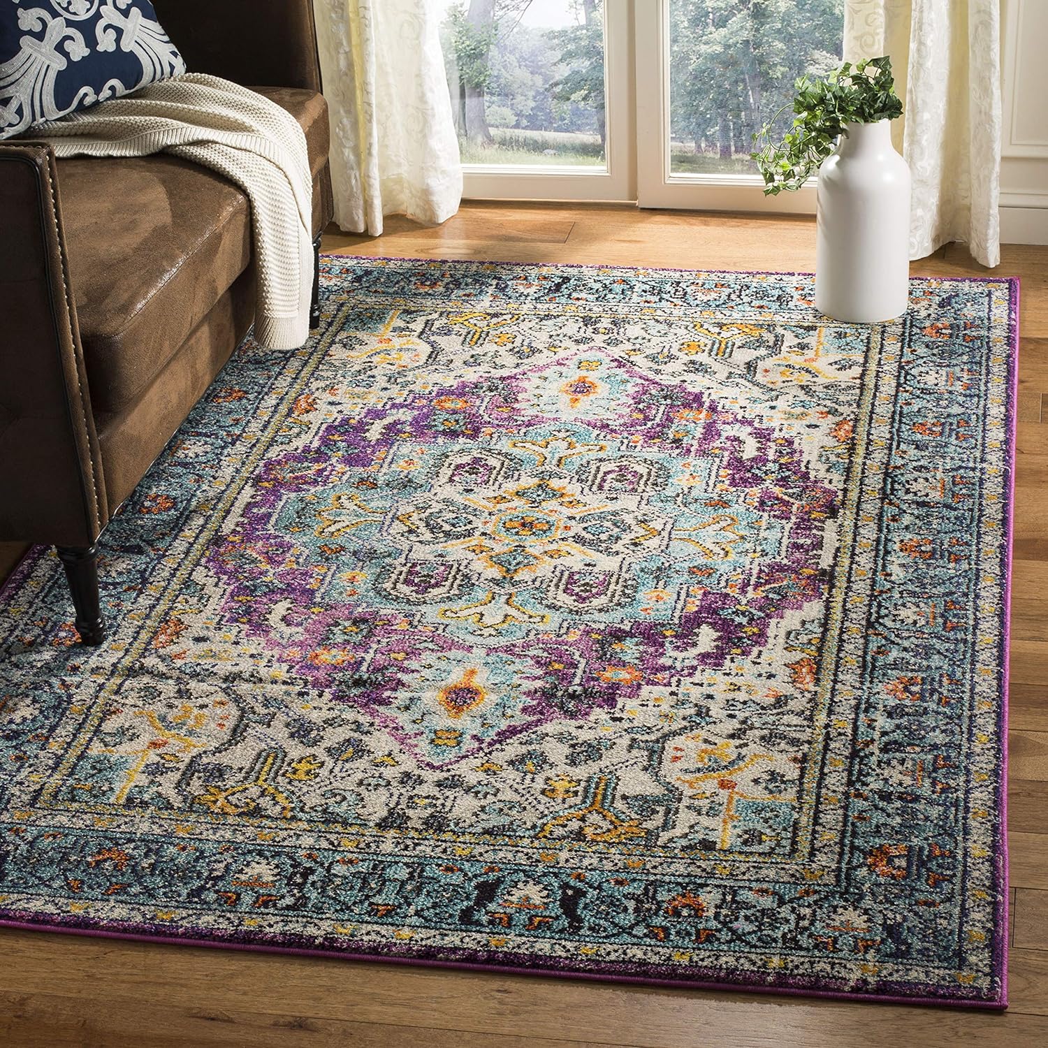 Safavieh Boho Chic Indoor Woven Rectangle Area Rug, Monaco Collection, MNC251, in Violet / Light Blue