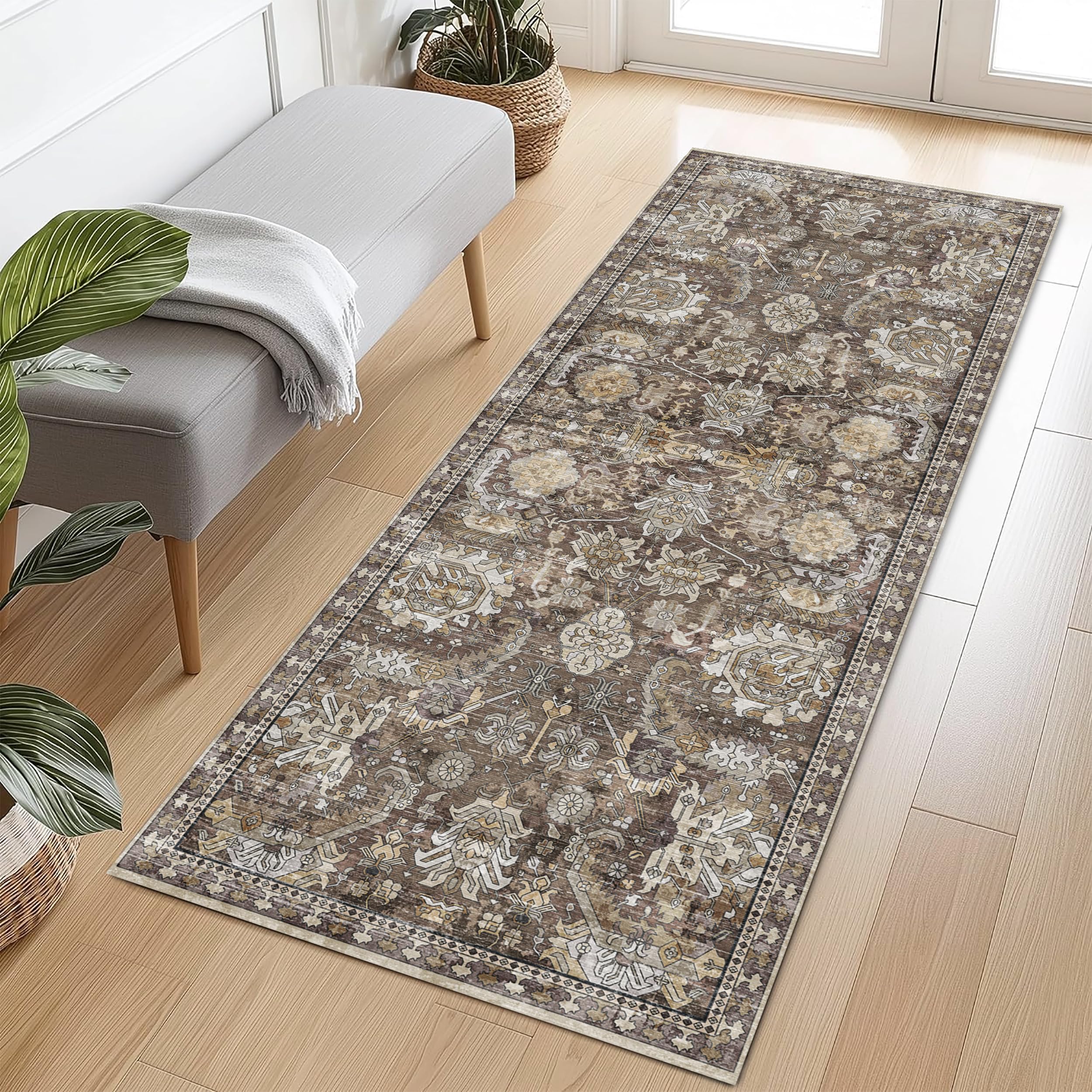 Photo 1 of RUGSURE Washable Area Rugs - Perfect for Living Room, Bedroom, Kids Room, Nursery - Stain & Water Resistant Non-Slip, Pet & Child Friendly, Vintage Tribal Area Rugs (Ivory, 2'6'' x 8')