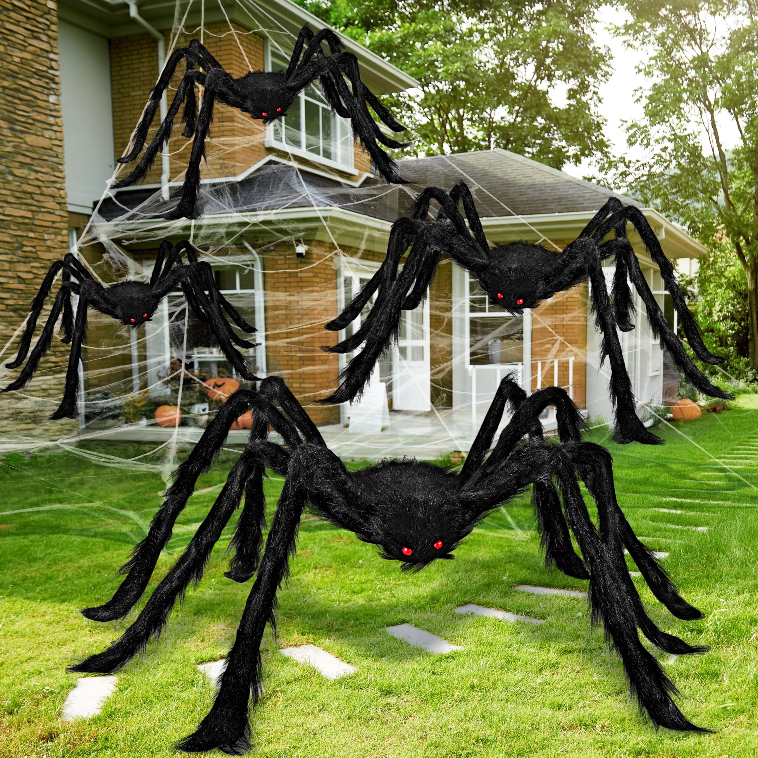 JOYIN 4 Pcks Halloween Outdoor Decorations Hairy Spider Set, Realistic Scary Fake Spider Hairy Spider Props for for Halloween Yard Decorations Party Decor, Black (One 47.25", Two 35.5", and One 29.5")