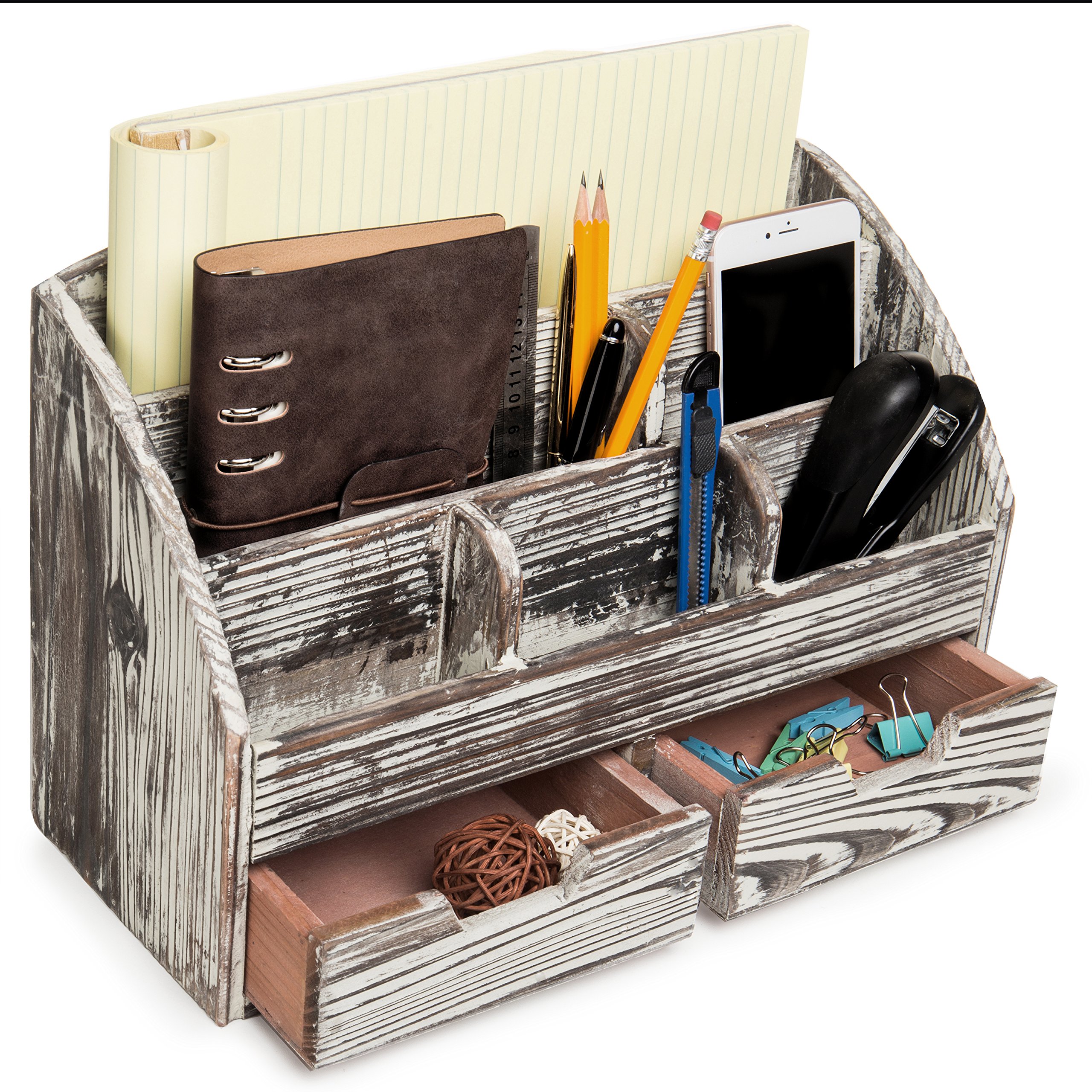 Rustic Style Wood Desktop Office Supplies Organizer Rack with 6