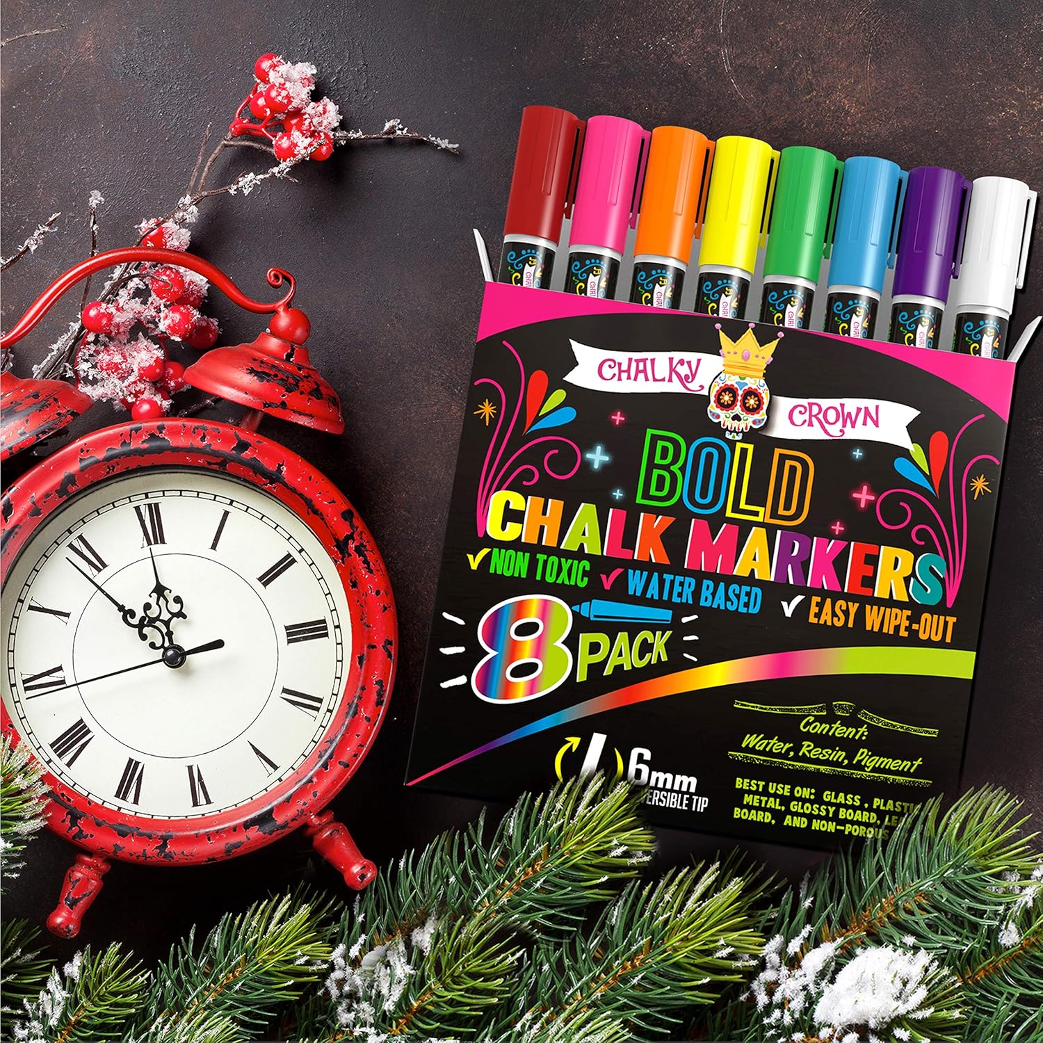 Liquid Chalk Markers for Blackboards - Bold Color Dry Erase Marker Pens - Chalk Markers for Chalkboards Signs, Windows, Blackboard, Glass - 6mm Reversible Tip (8 Pack) - 24 Chalkboard Labels Included : Office Products