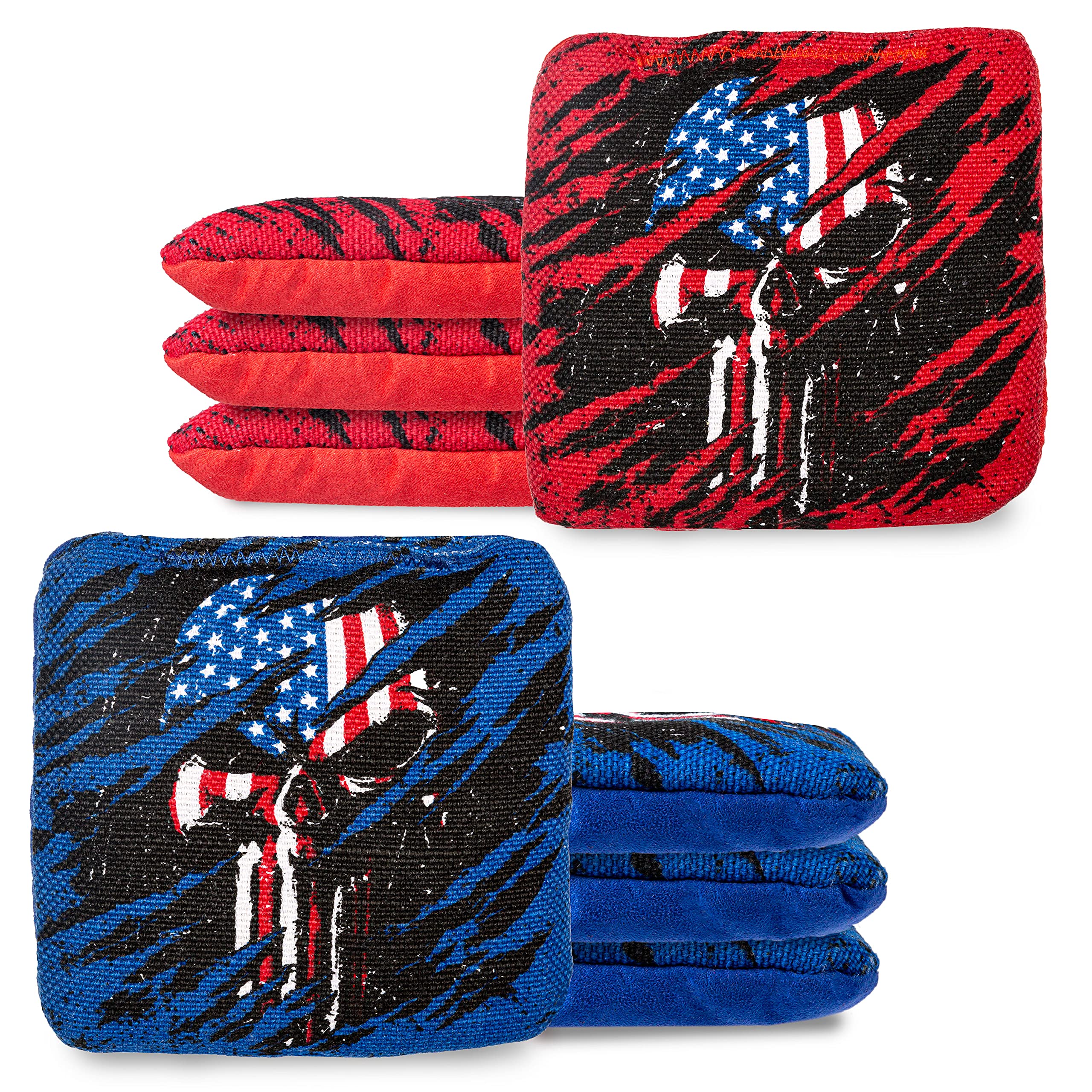 Play Platoon Tournament Series Cornhole Bags - Pro Style Dual Sided Slick and Sticky Side Bags - Set of 8 - Designed in USA - 4 Red & 4 Blue American Flag Skulls