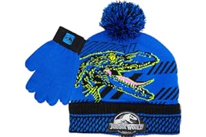 ACCESSORY SUPPLY Jurassic Park Winter Hat and Snow Gloves for Boys and Toddlers, 2 Pc. Set, Pom-Pom Beanie with Blue Velociraptor