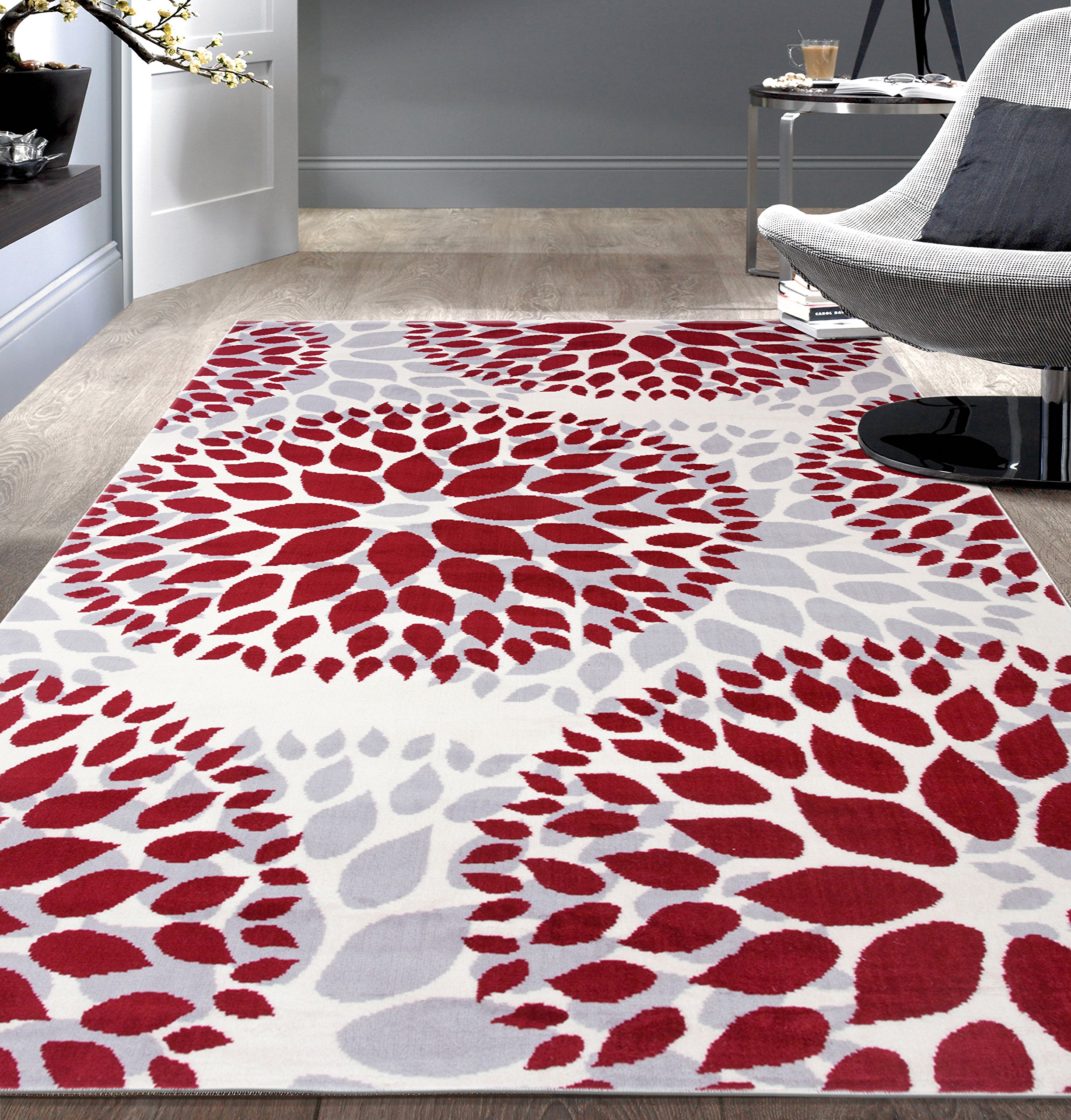 Modern Floral Circles Design Area Rugs 3'1" x 5' Red
