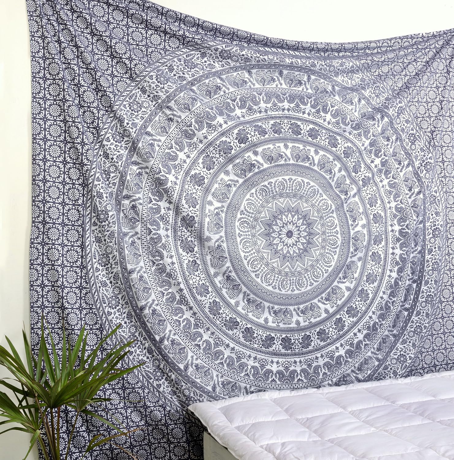 Tapestries - Popular Handicrafts Tapestry Wall Hanging Hippie Elephant Mandala Bohemian Hippy Metallic Shine Intricate Indian Tapestries Bedspread 84 x 90 Inches (215cm x 230cm) Grey & Silver