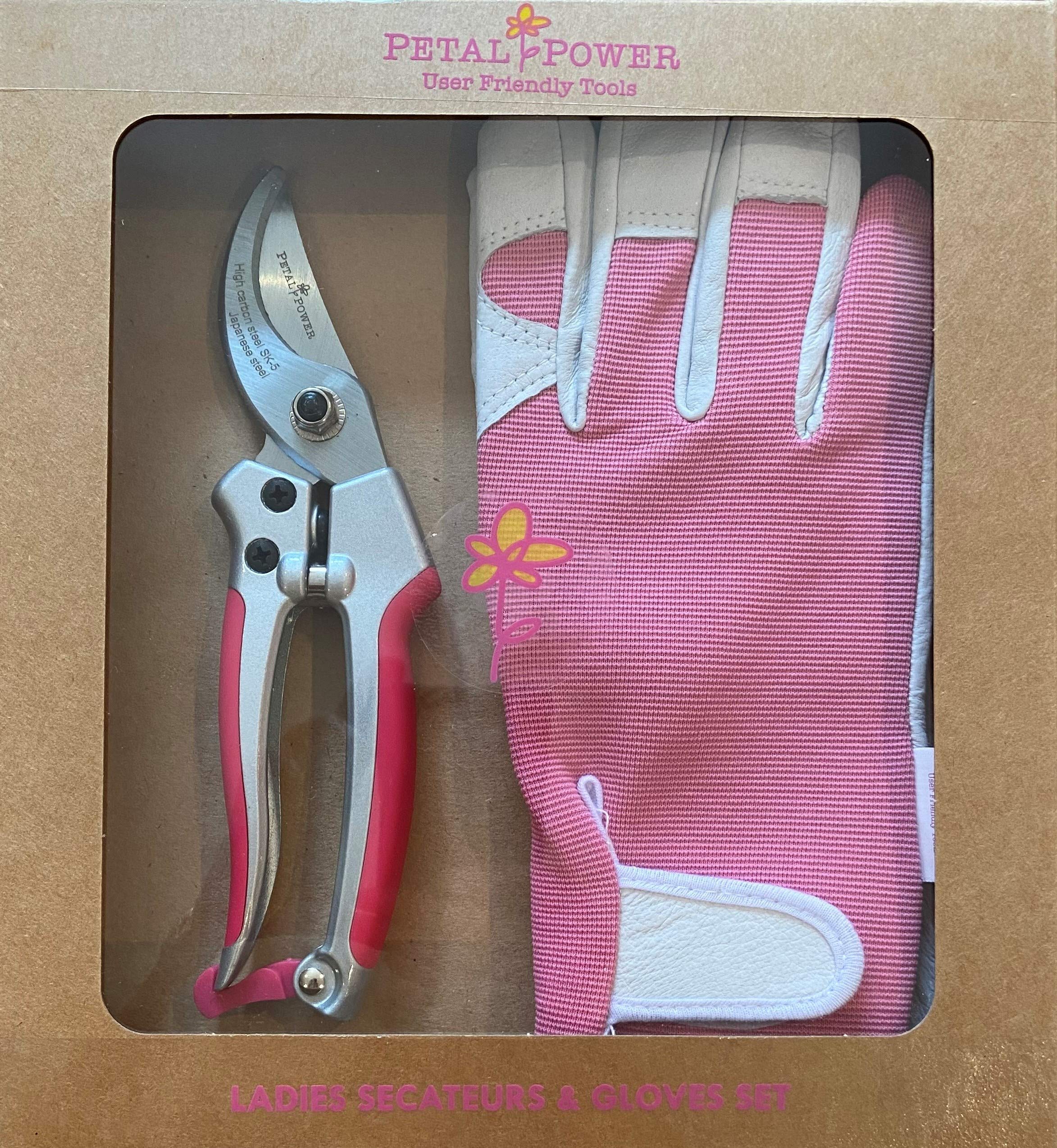 Petal Power Ladies leather Gardening Glove (small) & Small Grip Secateurs Set (Perfect for Small hands) - Ideal Garden Gift for Women (Pink)