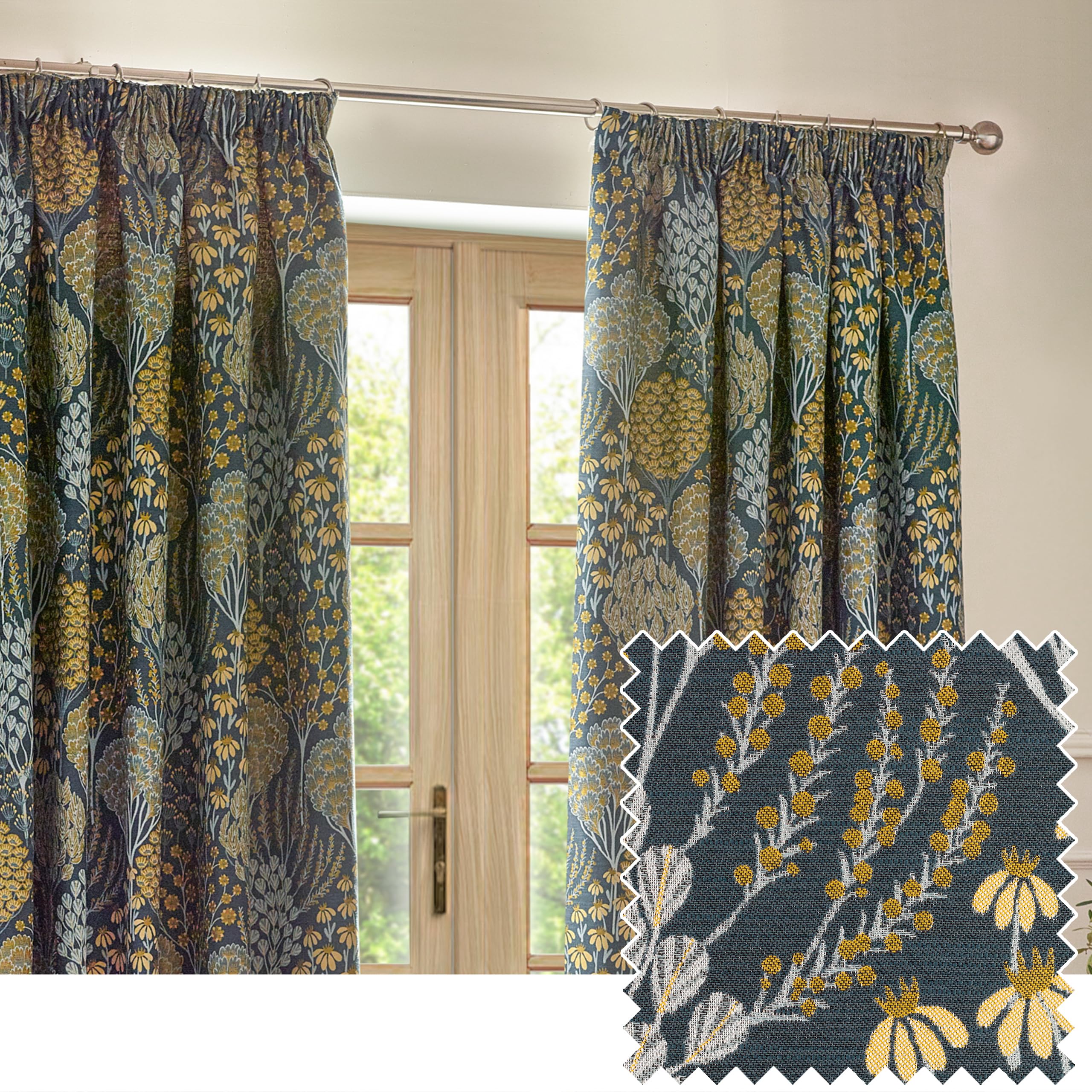 furn. Wylder Nature Ophelia Floral Jacquard Pencil Pleat Curtains - 2 Panels - Width x Drop - 168 x 137cm (66 x 54) - Blue/Saffron