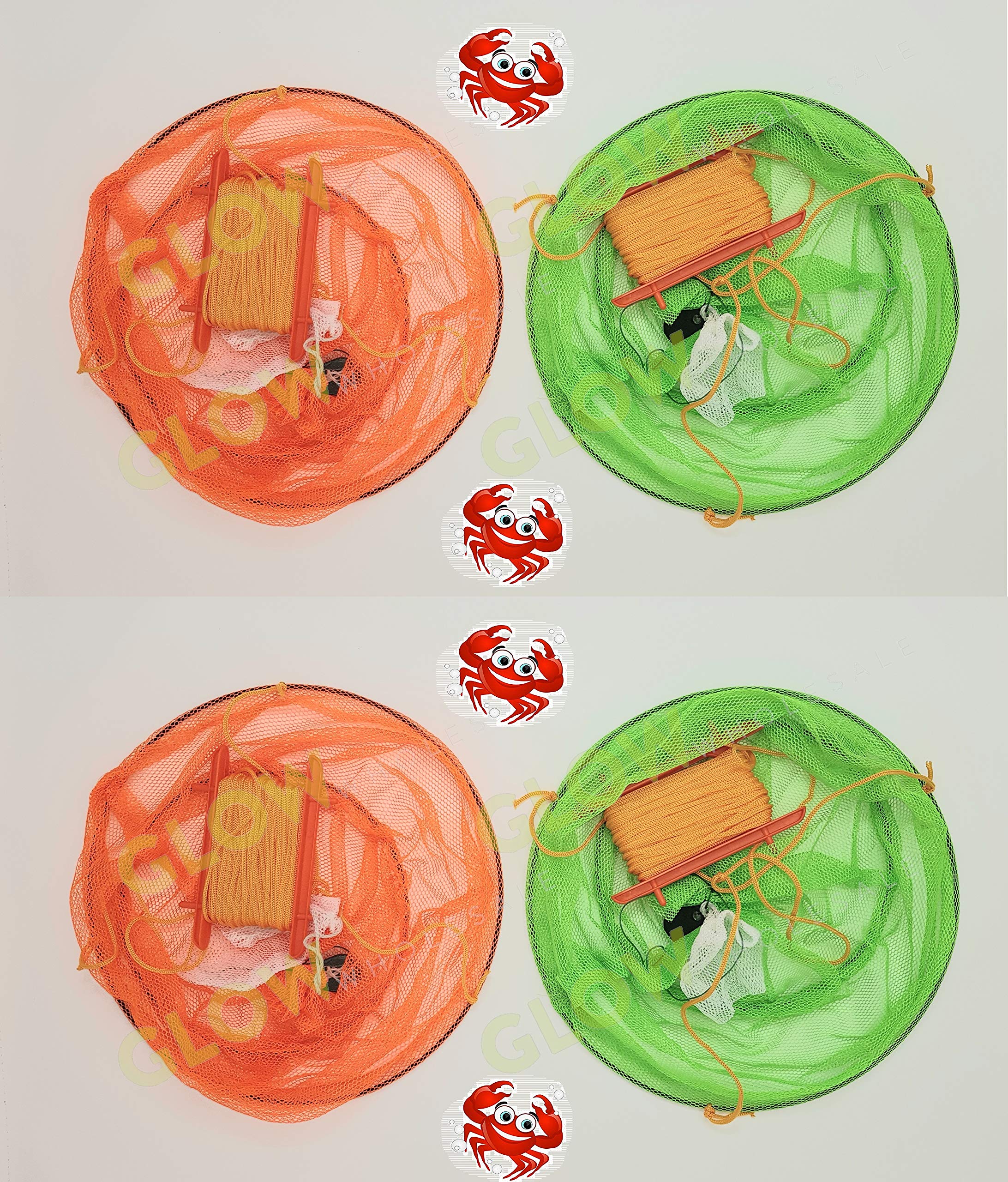 GLOW Crab Drop Nets Set of 4 with Net Bait Bag Holder 29cm Netting Trap with 15m of Rope & Hand Line for Safe Family Kids Fun Summer Beach Crabbing Boating Catching Fish Prawn Crayfish Lobster