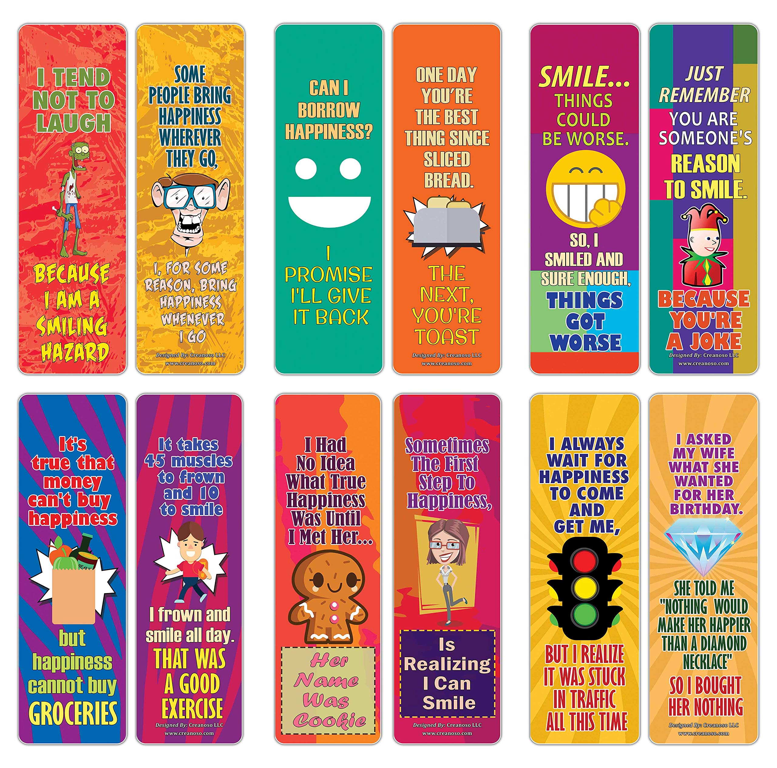 Creanoso Funny One Liners Jokes Happiness Bookmarks Series 3 (12-Pack) – Unique Stocking Stuffers Gifts for Men, Women, Unisex Adults – Cool Book Page Clippers Collection Set – Awesome Giveaways