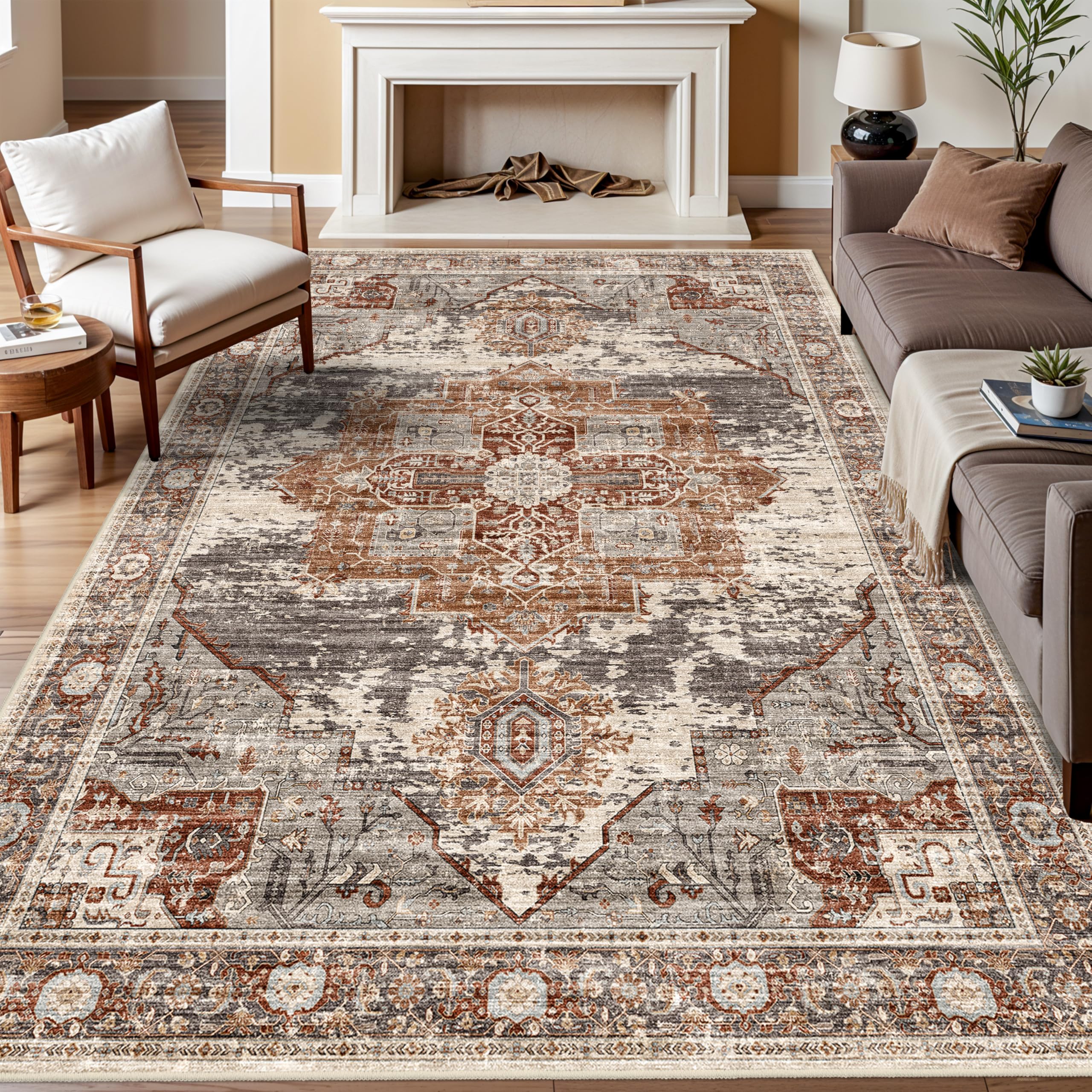 Living Room 7x9 Area Rug - Washable Area Rugs with Non Slip Backing Stain Resistant Carpet for Bedroom Vintage Rugs Indoor Ultra-Thin Carpets Home Decor Decoration Mat 7x9 Brick Image