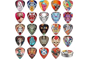 K KAREZOG Guitar Picks,24 Pack Celluloid Thin, Medium, Heavy & Extra Heavy Picks with Tin Box,Unique Artistic Variety Pack Guitar Pick for Acoustic Guitar,Bass Guitar, Electric Guitar (Mix three)