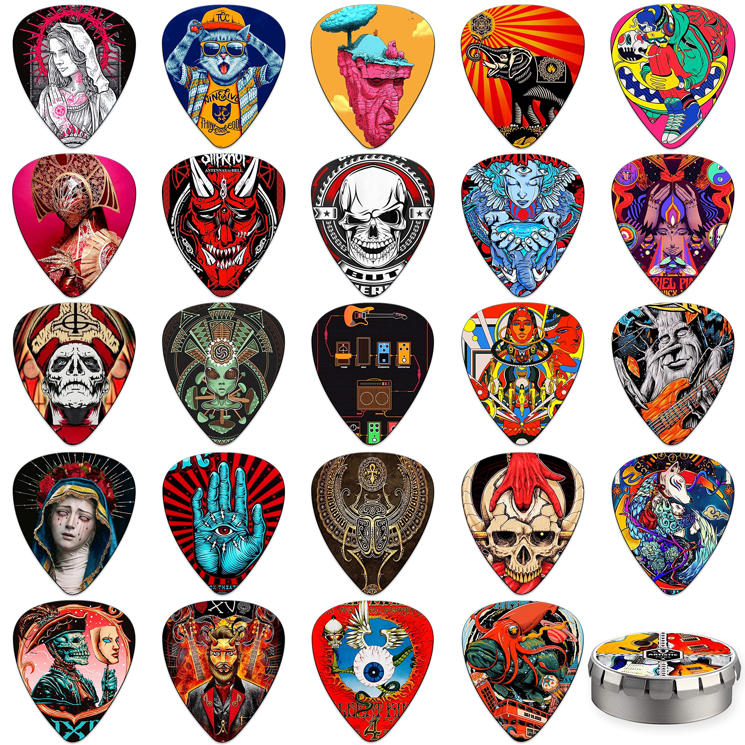 Guitar Picks,24 Pack Guitar Plectrums Thin, Medium, Heavy & Extra Heavy Picks with Tin Box,Personalised Plectrums for Acoustic,Bass,Electric Guitar Includes 0.46mm 0.71mm 0.96mm 1.2mm(Mix-3)