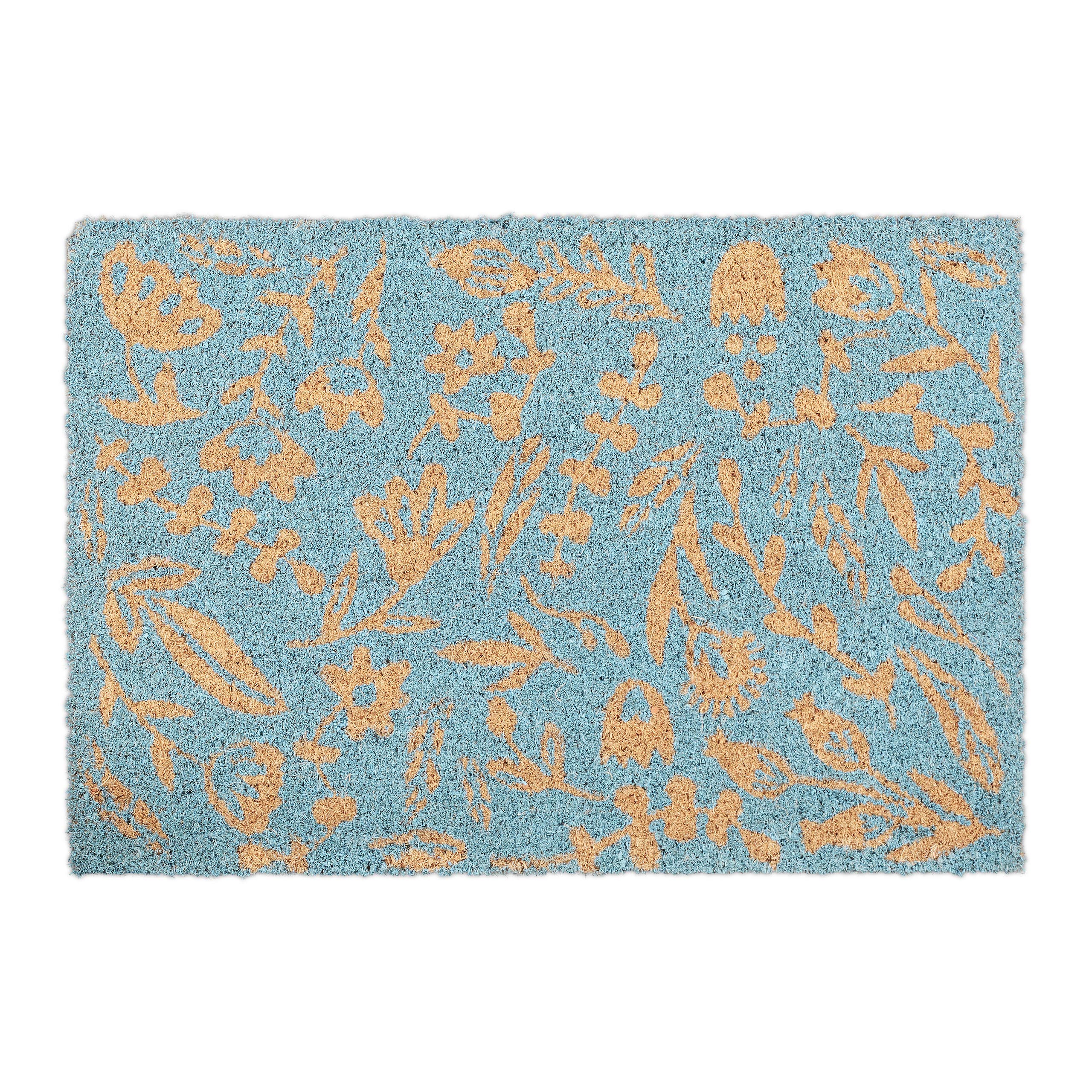 Relaxdays Flowers Theme Welcome Doormat Coir, 40 x 60 cm, Door Mat Inside & Outside, Non-Slip Shoe Wiper, Blue