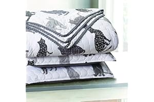 Sleeping Partners Pom Pom Trimmed Cat Quilt Set - Lightweight Microfiber & Cotton Fill Queen Quilt Set - Playful Grey Kitty Print Cat Bedding - Easy Care Machine Washable Bedding - Full/Queen, 3-Pc