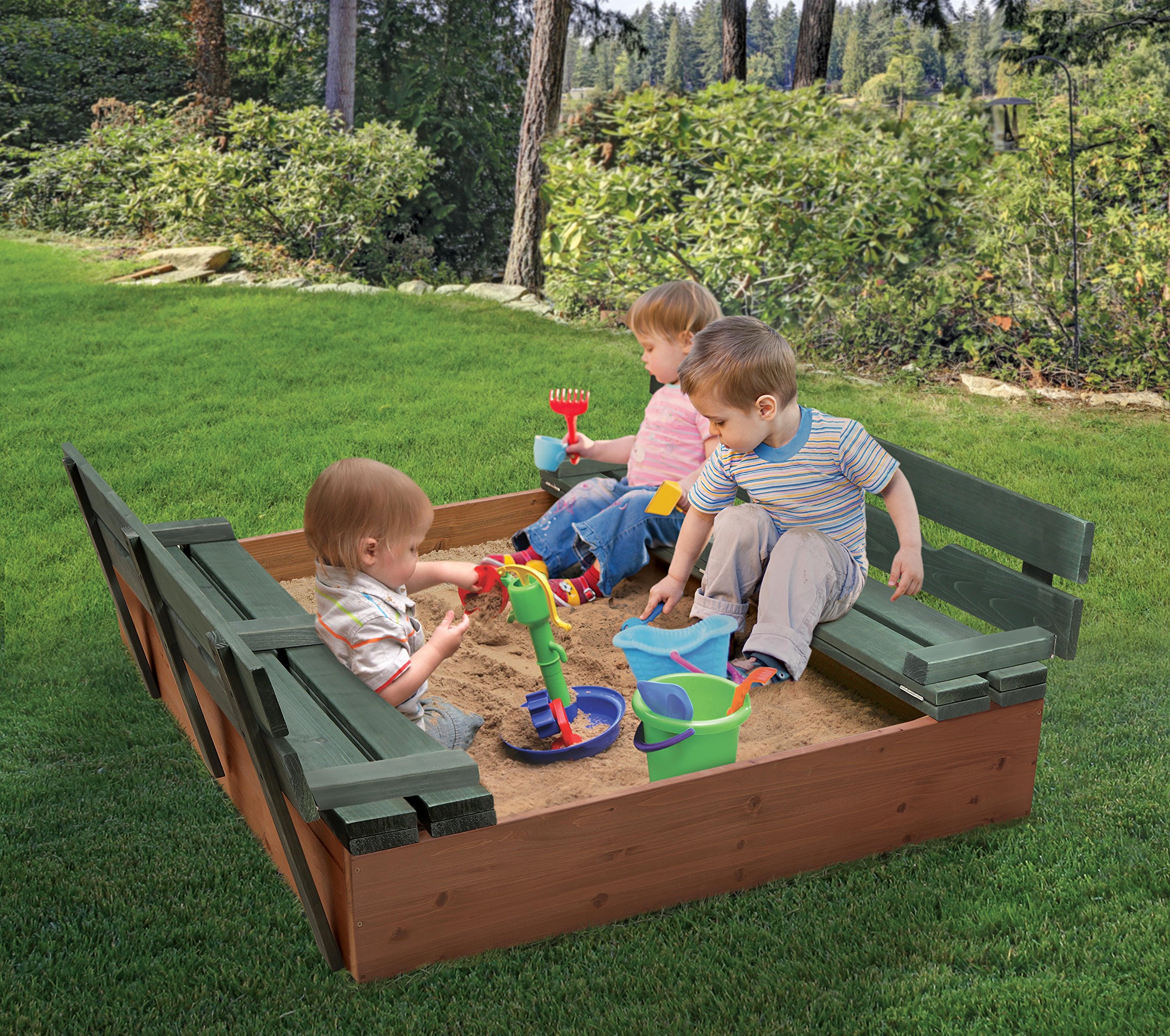 Badger Basket Covered Convertible Cedar Sandbox with Two Bench Seats Cedar Sandbox, Natural/Green, 46.5 x 46.5 x 9.5