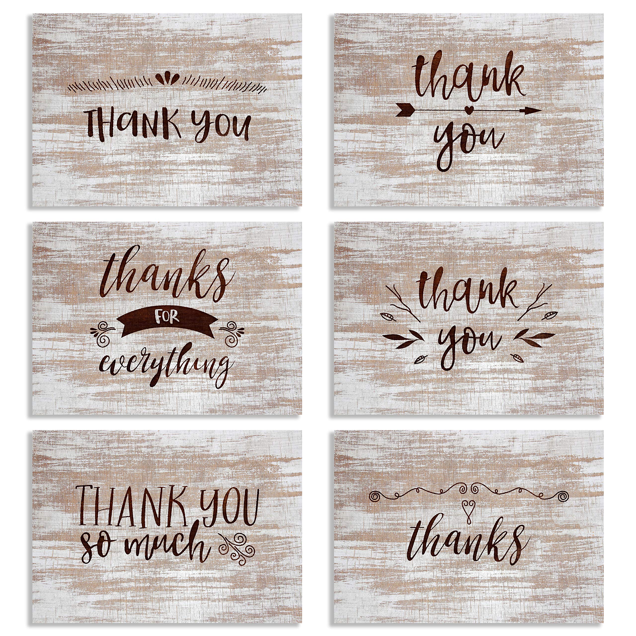 30 Pack Thank You Cards Set with Kraft Envelopes - Rustic Style Paper Cards - 5 of Each Colorful Design - Perfect for Baby Shower Wedding Birthday Party
