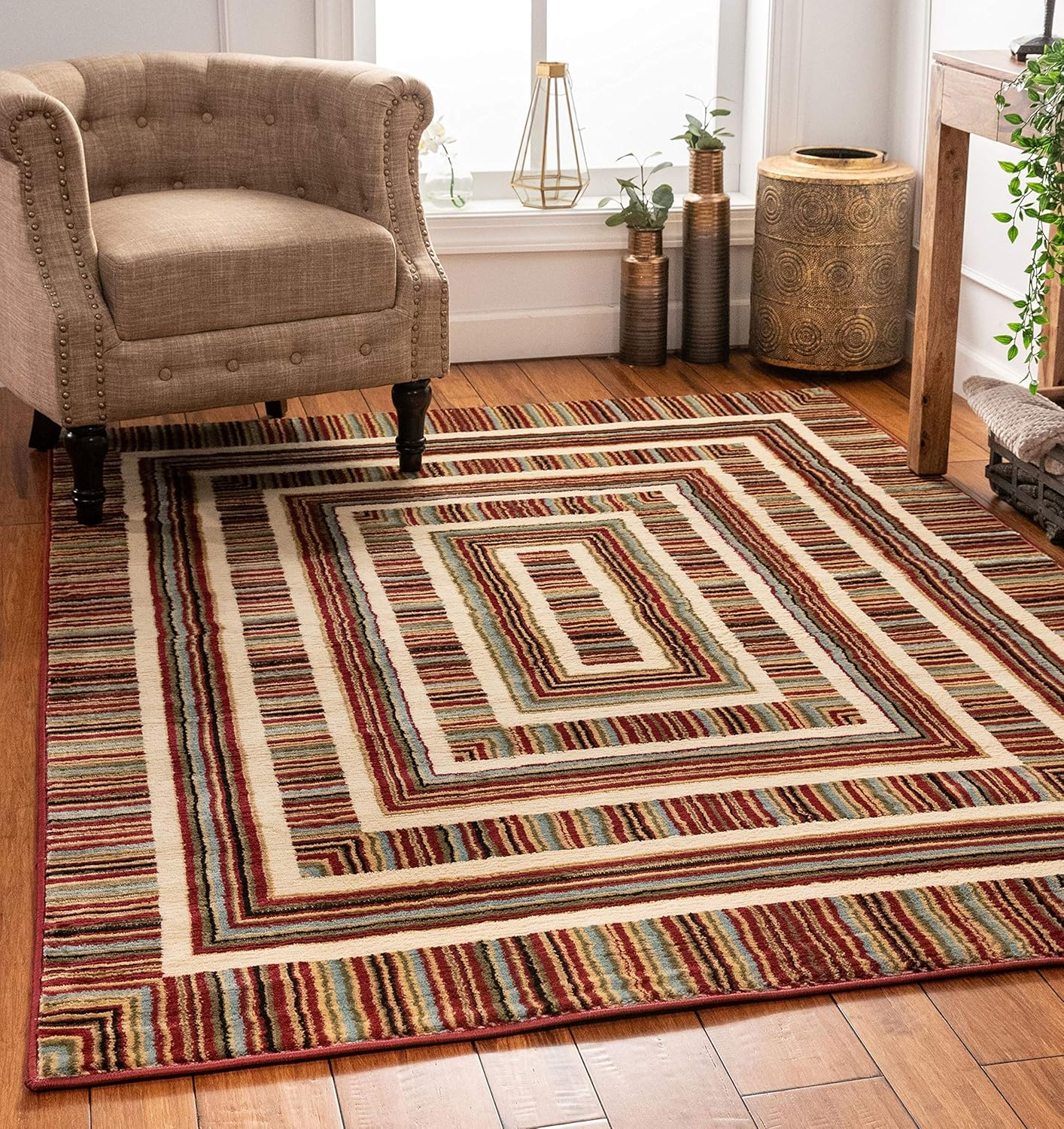 Well Woven Boxes Geometric Modern Area Rug Red Multicolor