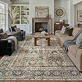 PureCozy Vintage Area Rug 9x12 Brown Washable Living Room Large Carpet Non Slip Bedroom Indoor Office Low Pile Traditional Distressed Retro Accent Rug for Dining Room