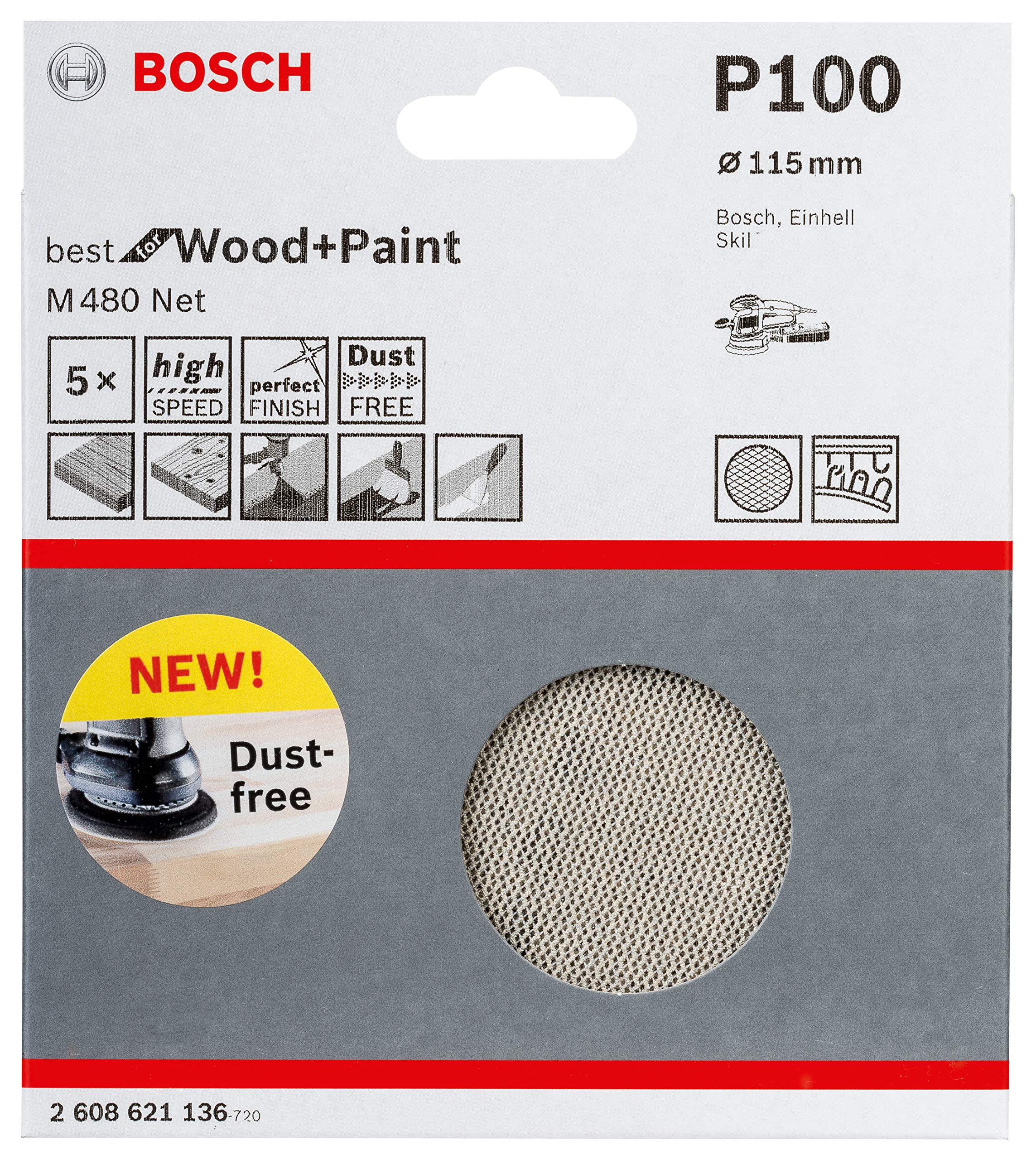 Bosch Professional Set of 5 Sanding Sheets M480 Best for Wood and Paint (Wood and Paint, Ø 115 mm, grit G100, Accessories for Random Orbit Sander)
