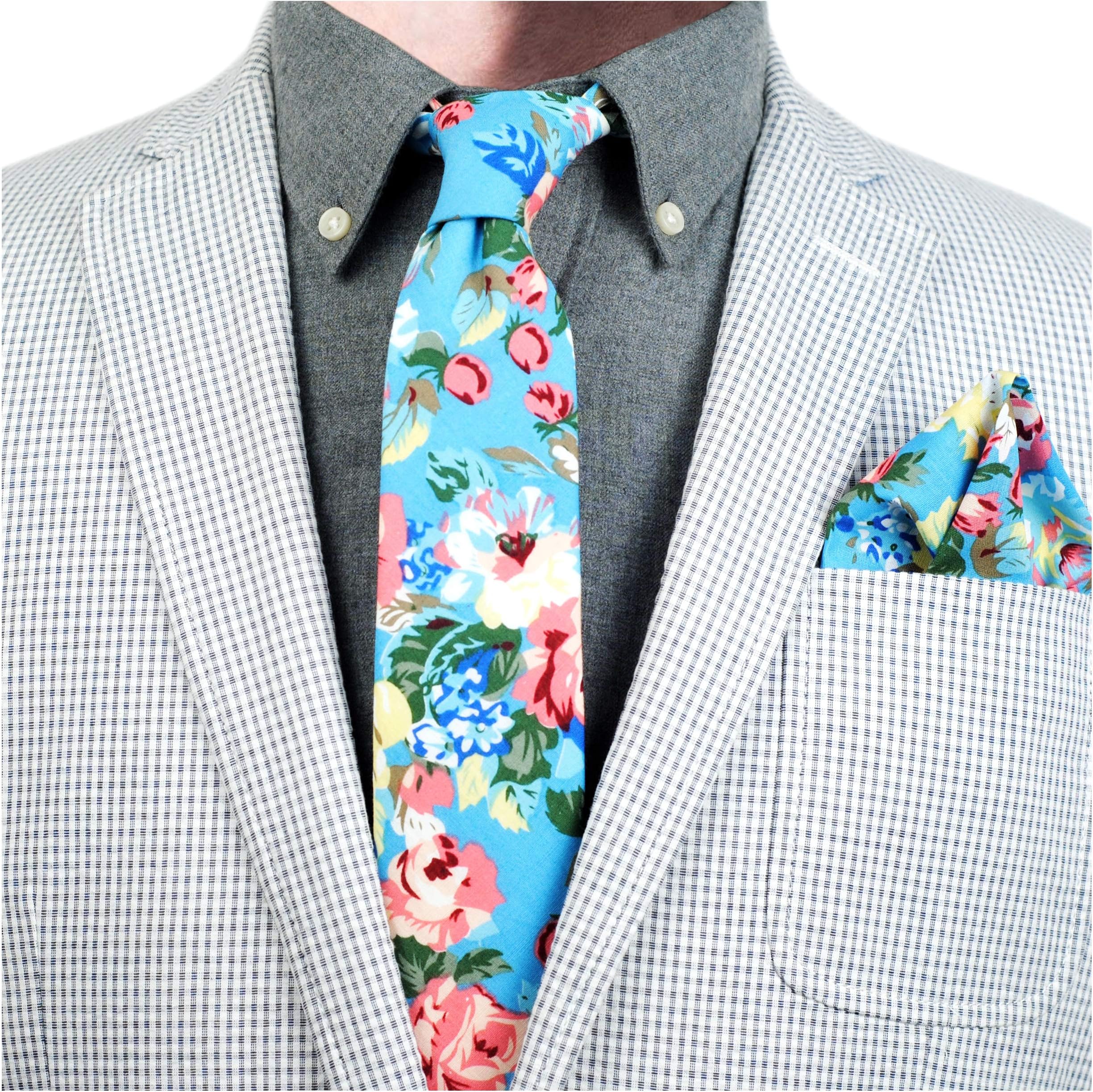 Mens Casual Skinny Floral Tie Combo Set with Flower Pocket Square 2ยฝ" Cotton Necktie Hand Made by ZENXUS
