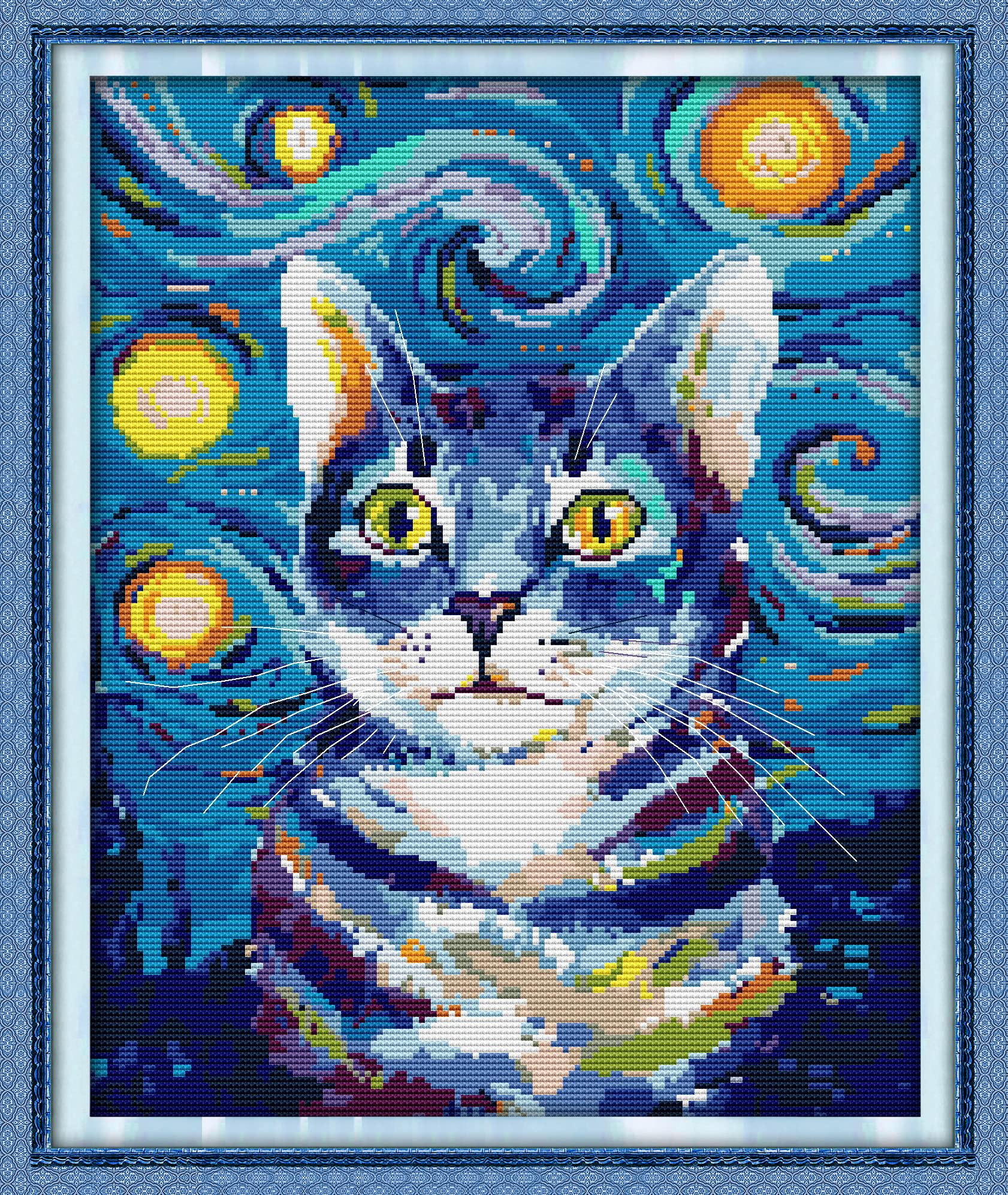 Stitchmelody Stamped Cross Stitch Kits,11CT Printed Pattern Embroidery Kit DIY Home Décor-The Cat Under The Starry Sky 32cm×40cm