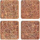 San Antonio Map Coaster by O3 Design Studio, Set Of 4, Sapele Wooden Coaster With City Map, Handmade
