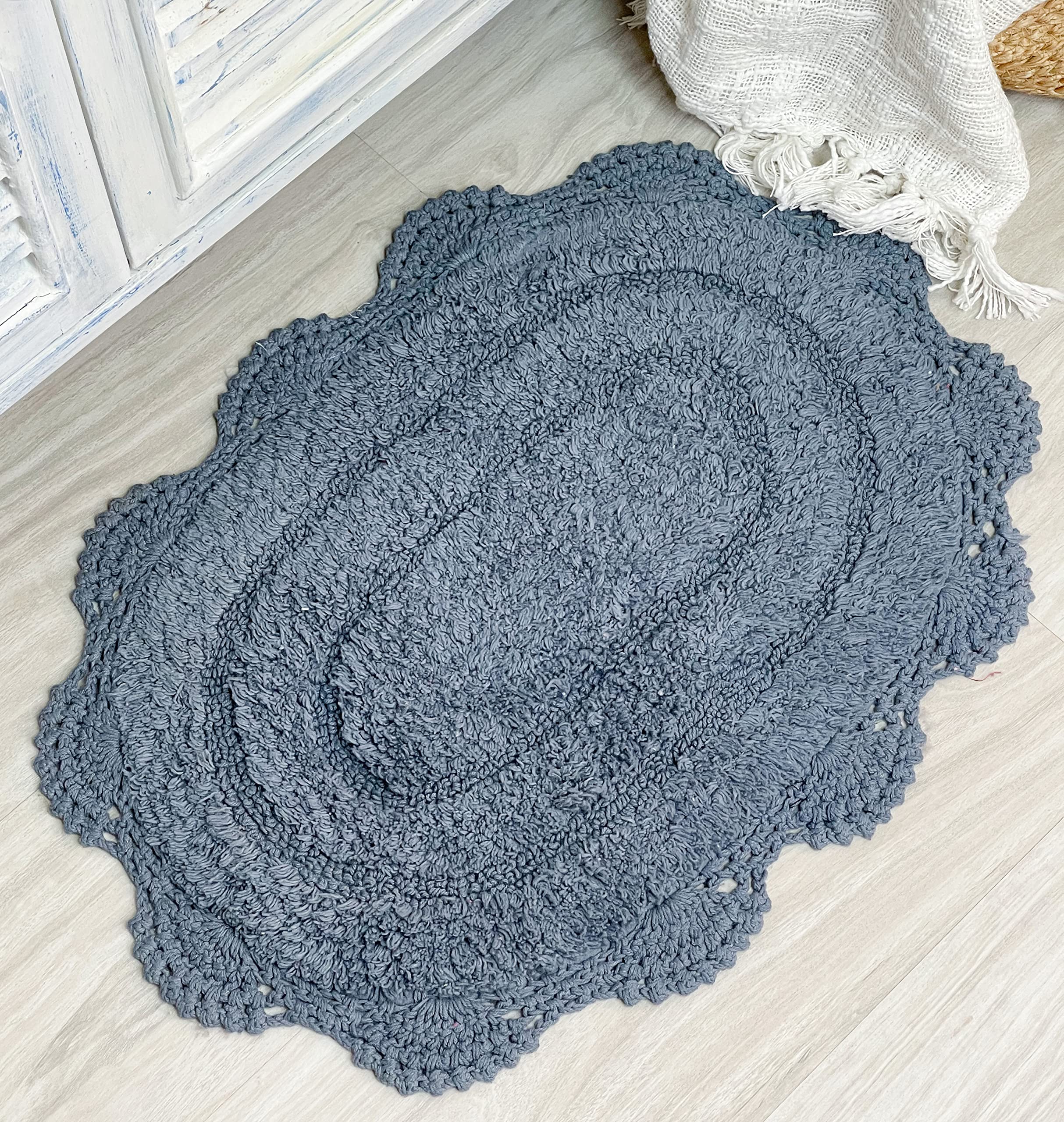Photo 1 of Chardin home Provincial Blue Crochet Bathrug, 100% Cotton Oval bathmat with artisanally Handcrafted Crochet Border, 17x24 Inch Oval tubmat, Small Rug, Perfect for Half Baths, Powder Rooms, bathrooms