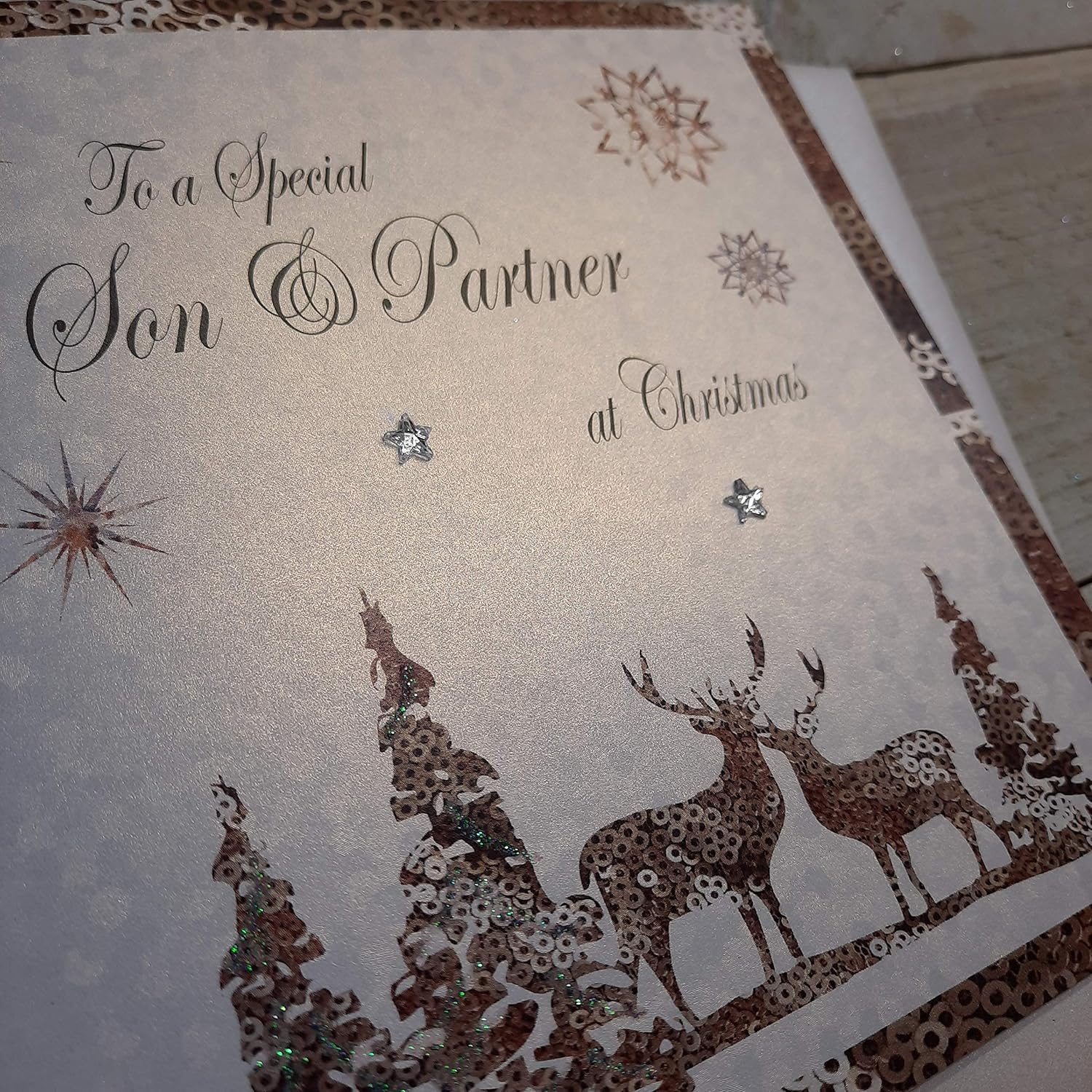 White Cotton Cards C5-Spar "Son & Partner" Handmade Christmas Card, grey|black|beige|green, 16 x 16 cm - Image 4