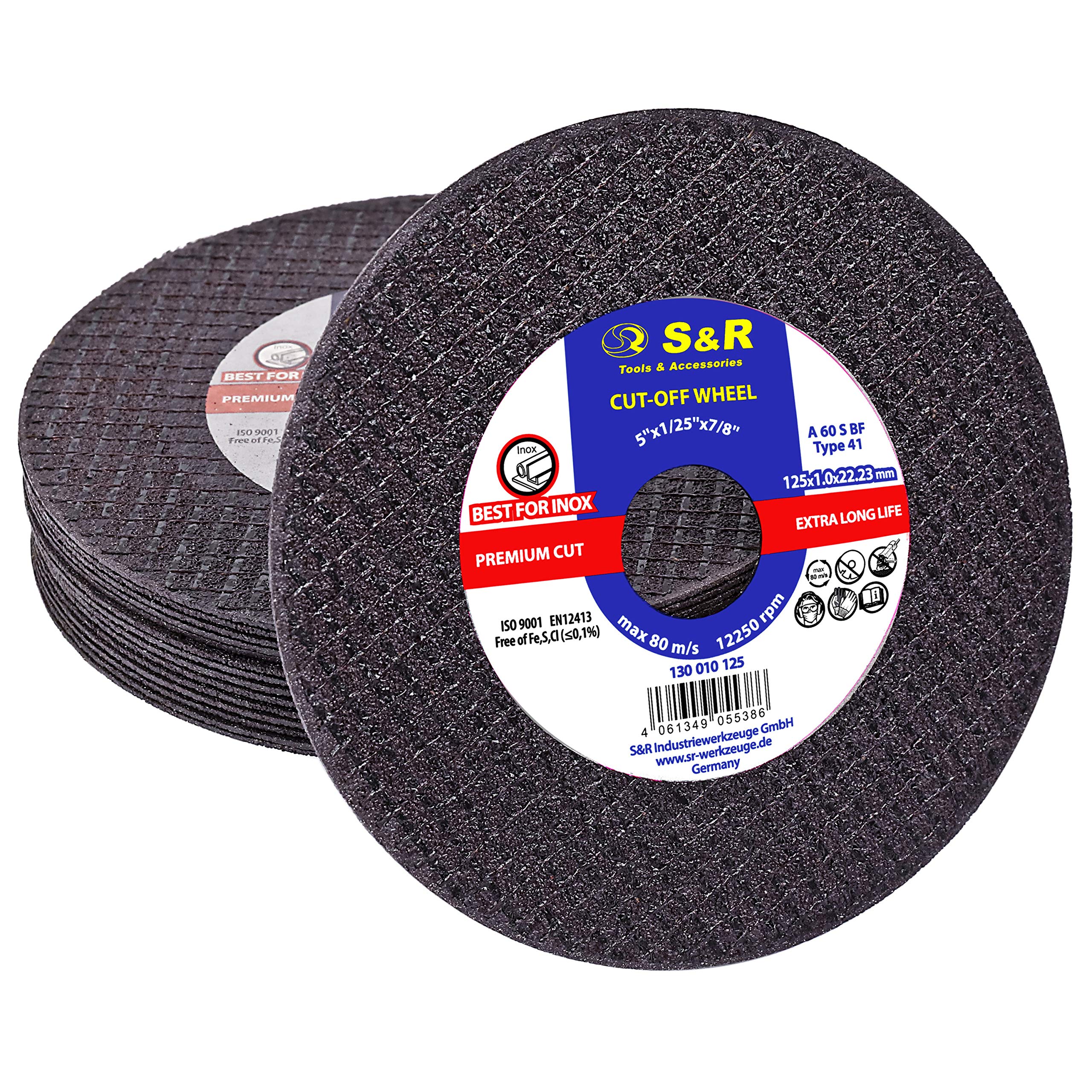 S&R Industrial Quality Cutting Discs for Metal, Stainless Steel/INOX, 125 x 1.0 x 22.23 mm, 15-Piece Set, A60 S-BF, Premium Cut, Extra Long Life, for Angle Grinder