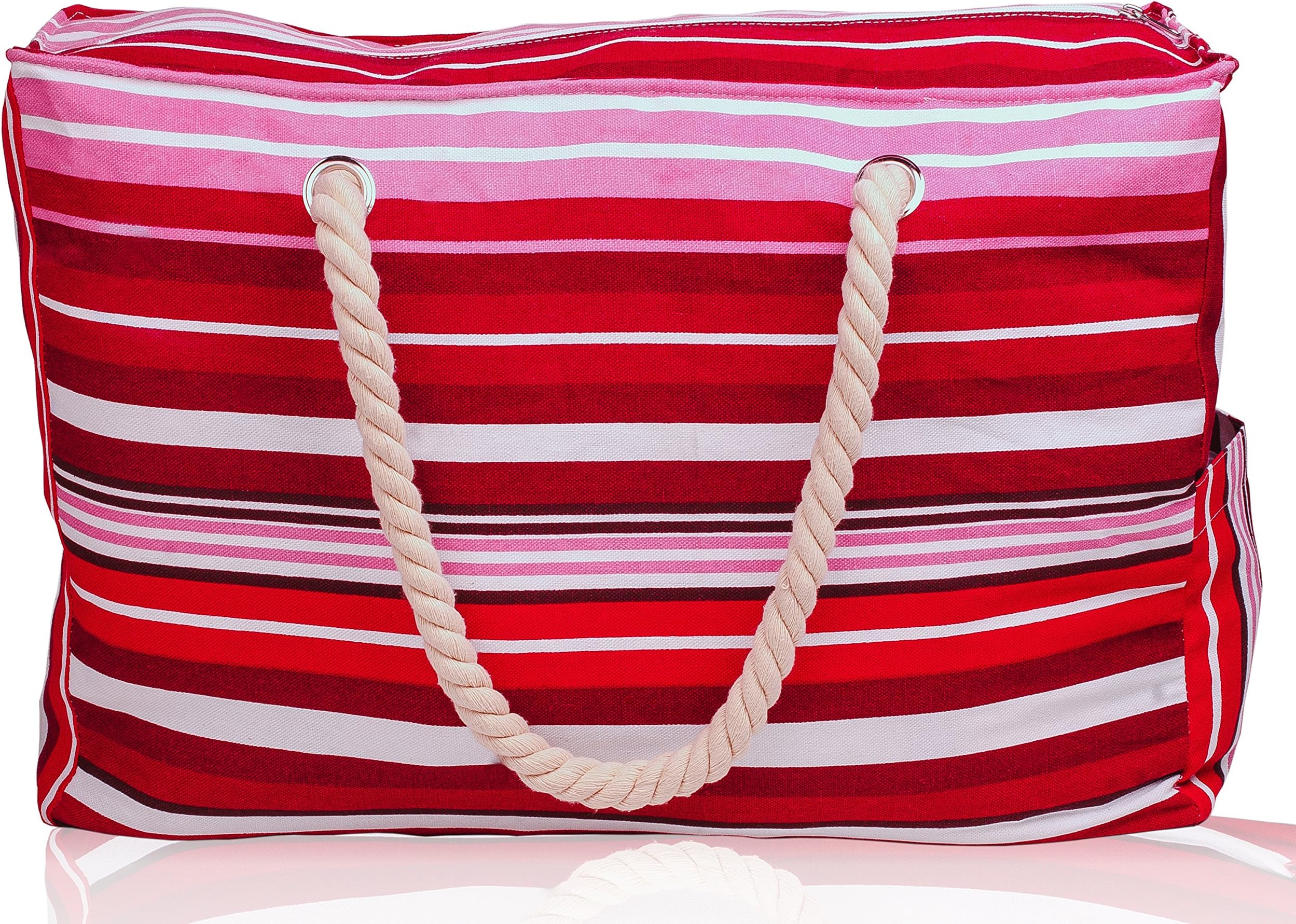 Beach Bag with 100% Waterproof Phone/Tablet Case, Cotton Rope Handles, Top Zipper, Extra Outside Pocket. Red Stripe Canvas Shoulder Beach Tote has Built-In Keyholder and Bottle Opener - L16"xH15"xW6"