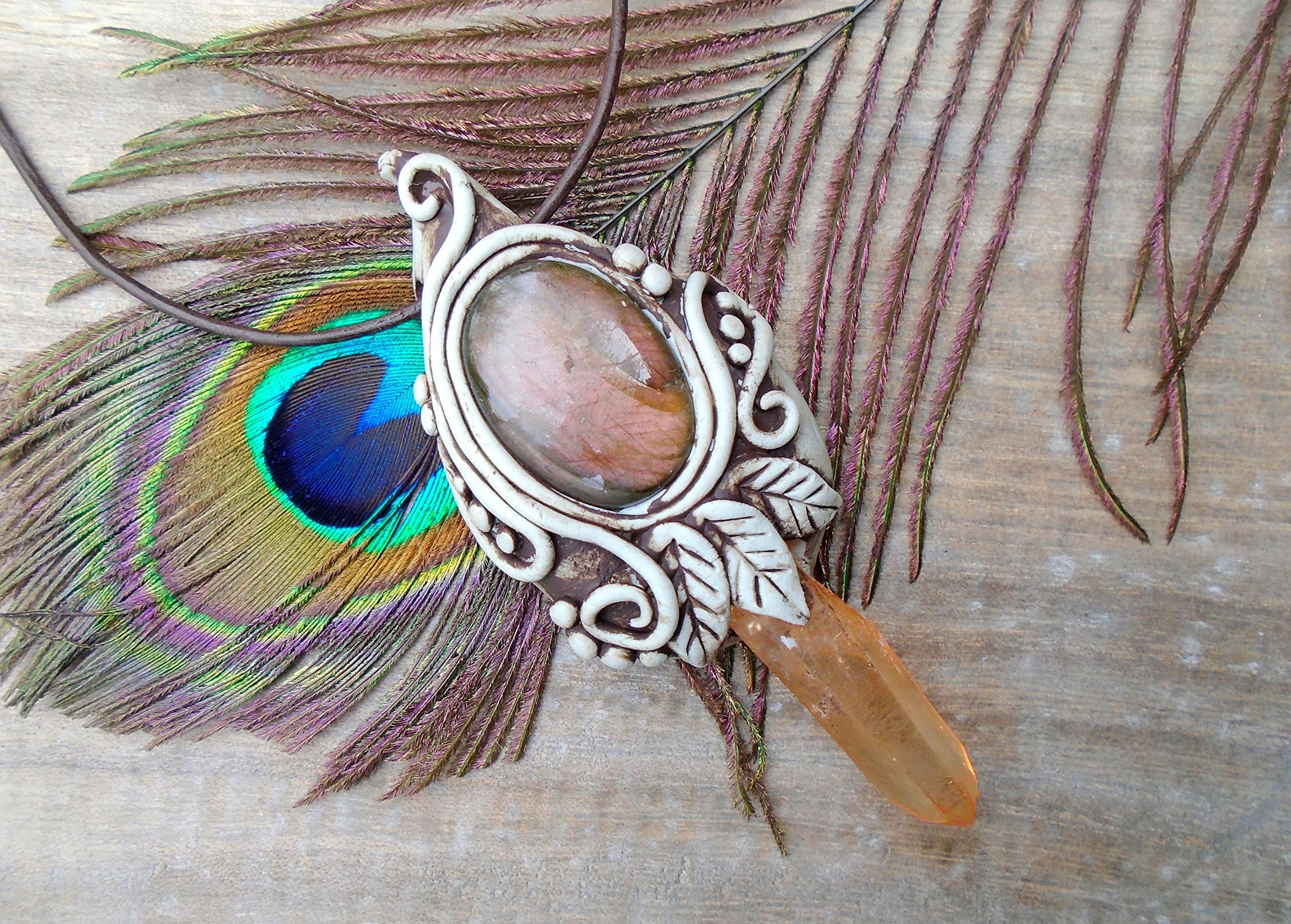Elvish Necklace. Labradorite Tangerine Aura Quartz. Crystal Clay Pendant Spiritual Amulet. Reiki Energy Jewelry.