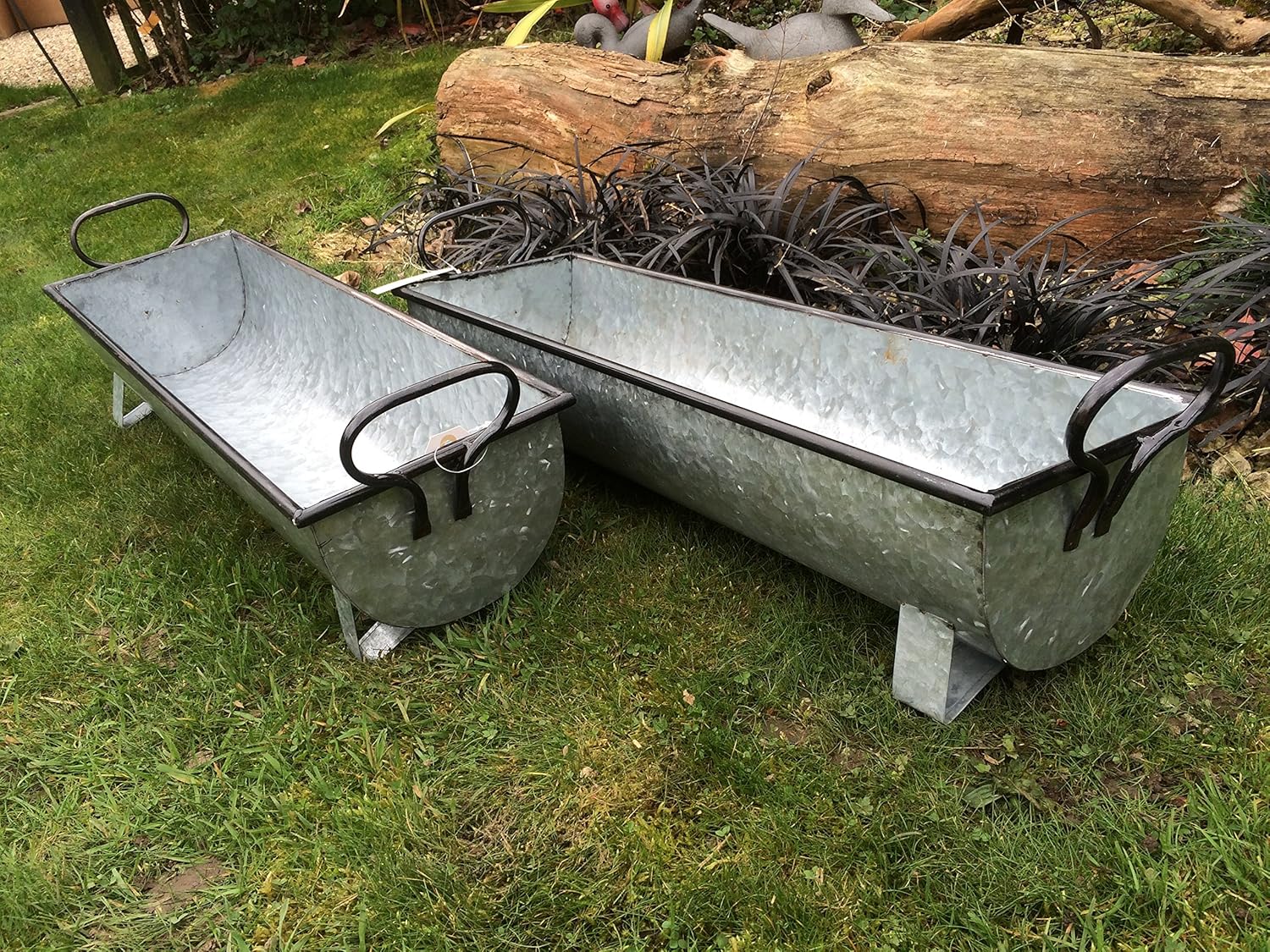Patio and Terrace Pair Of Vintage Style Trough Grey Zinc Galvanised