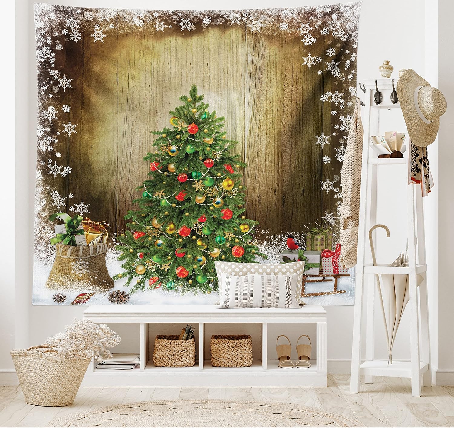 Tapestries - Ambesonne Christmas Tapestry, Pine Tree with Present Boxes on Snowy Board Xmas at Countryside Theme, Fabric Wall Hanging Decor for Bedroom Living Room Dorm, 45