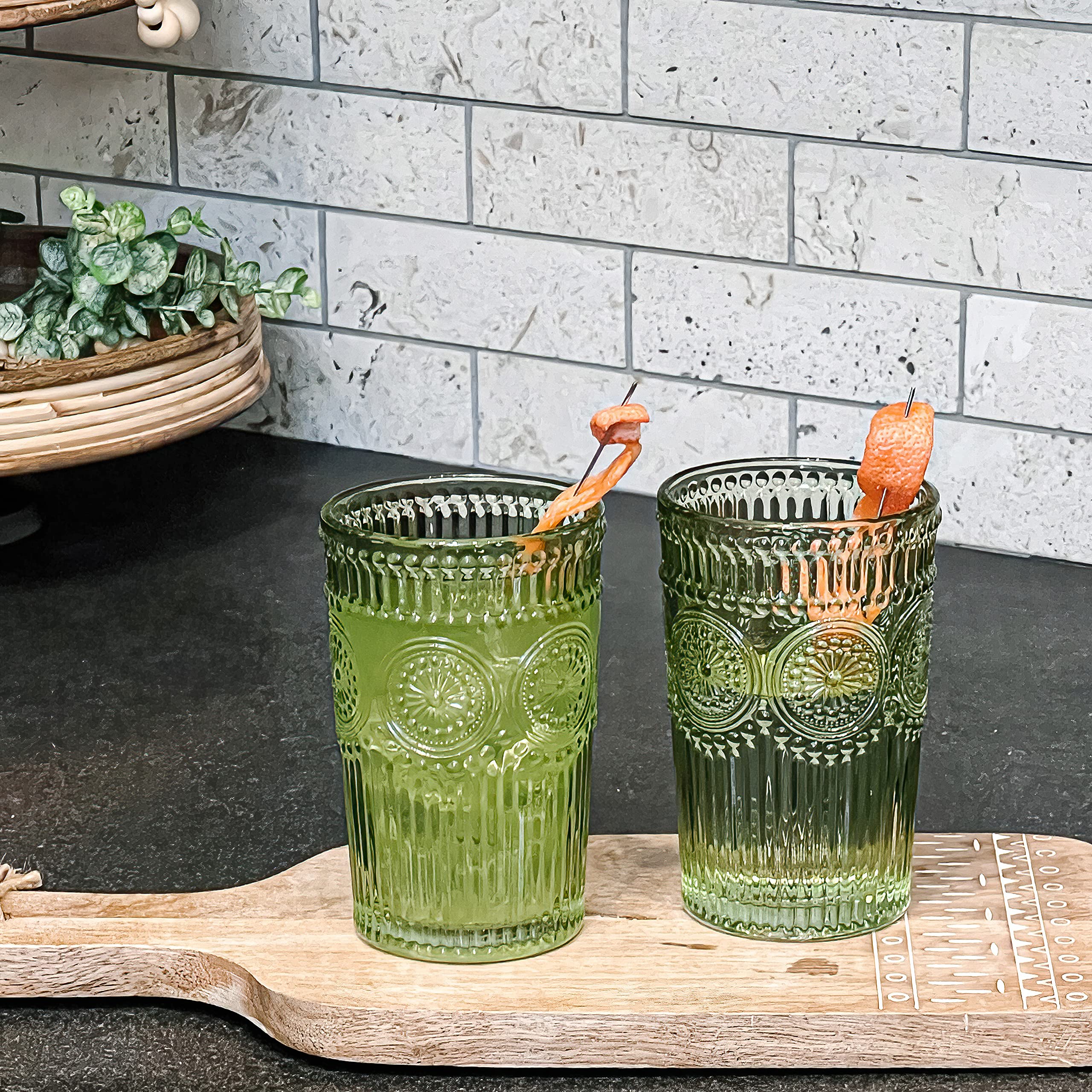 Vintage Ribbed Green Drinking Glasses Set of 6-13 oz Embossed Glass Cups for Water, Iced Tea, Cocktails - Colored Glassware for Kitchen, Vintage Tumblers, Cute Glass Cups, Boho Drinkware