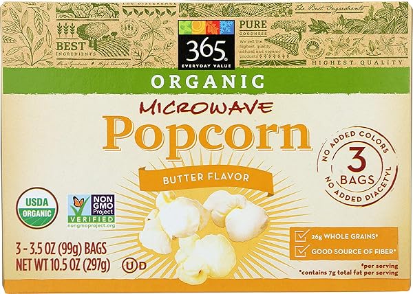 365 EVERYDAY VALUE, ORGANIC MICROWAVE POPCORN, BUTTER FLAVOR, 3.5 OZ, 3 PK