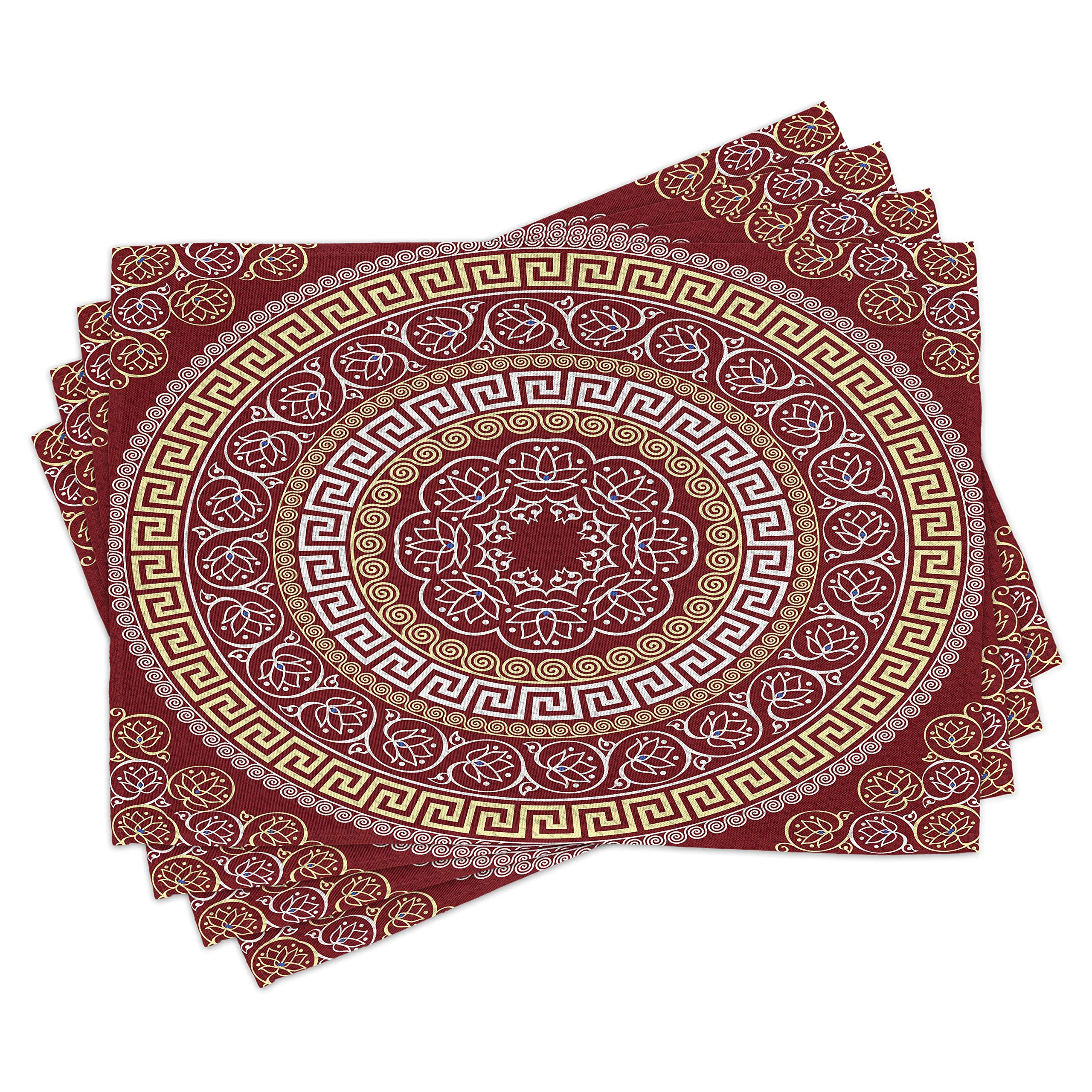 ABAKUHAUS Bohemian Place Mats Set of 4, Round and Square Ornament Meander with Mandala Floral Motif Print, Washable Fabric Placemats for Dining Table, Standard Size, Ruby White