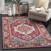SAFAVIEH Monaco Collection Area Rug - 6'7" x 9'2", Red & Turquoise, Boho Oriental Medallion Design, Non-Shedding & Easy Care,