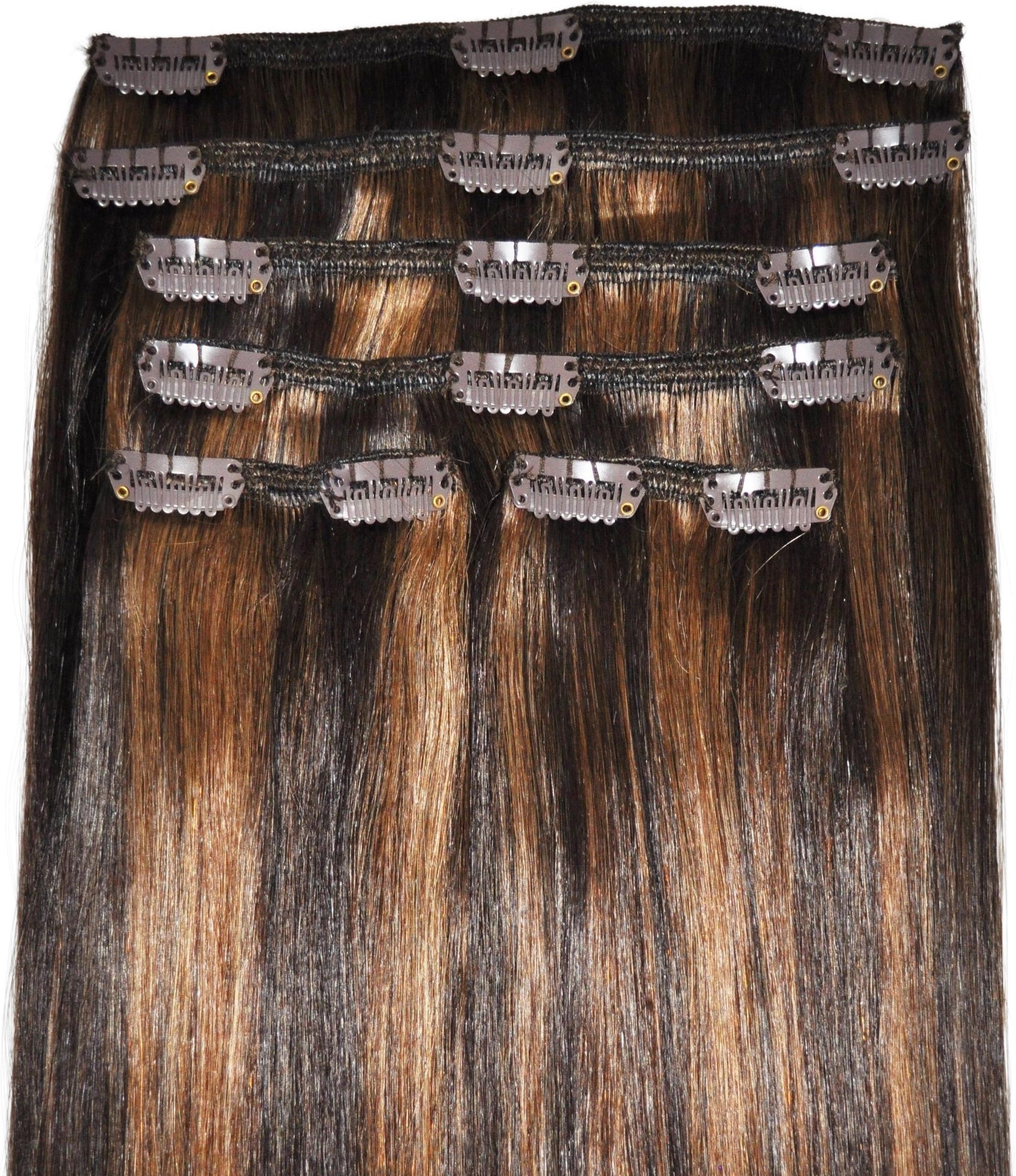 FULL HEAD, Real Clip-in Hair Extensions - 22 inch, 100% Remy, Triple Weft, Thick Human Hair, (22", 180g, 2/6 Dark Brown, Brunette Balayage)