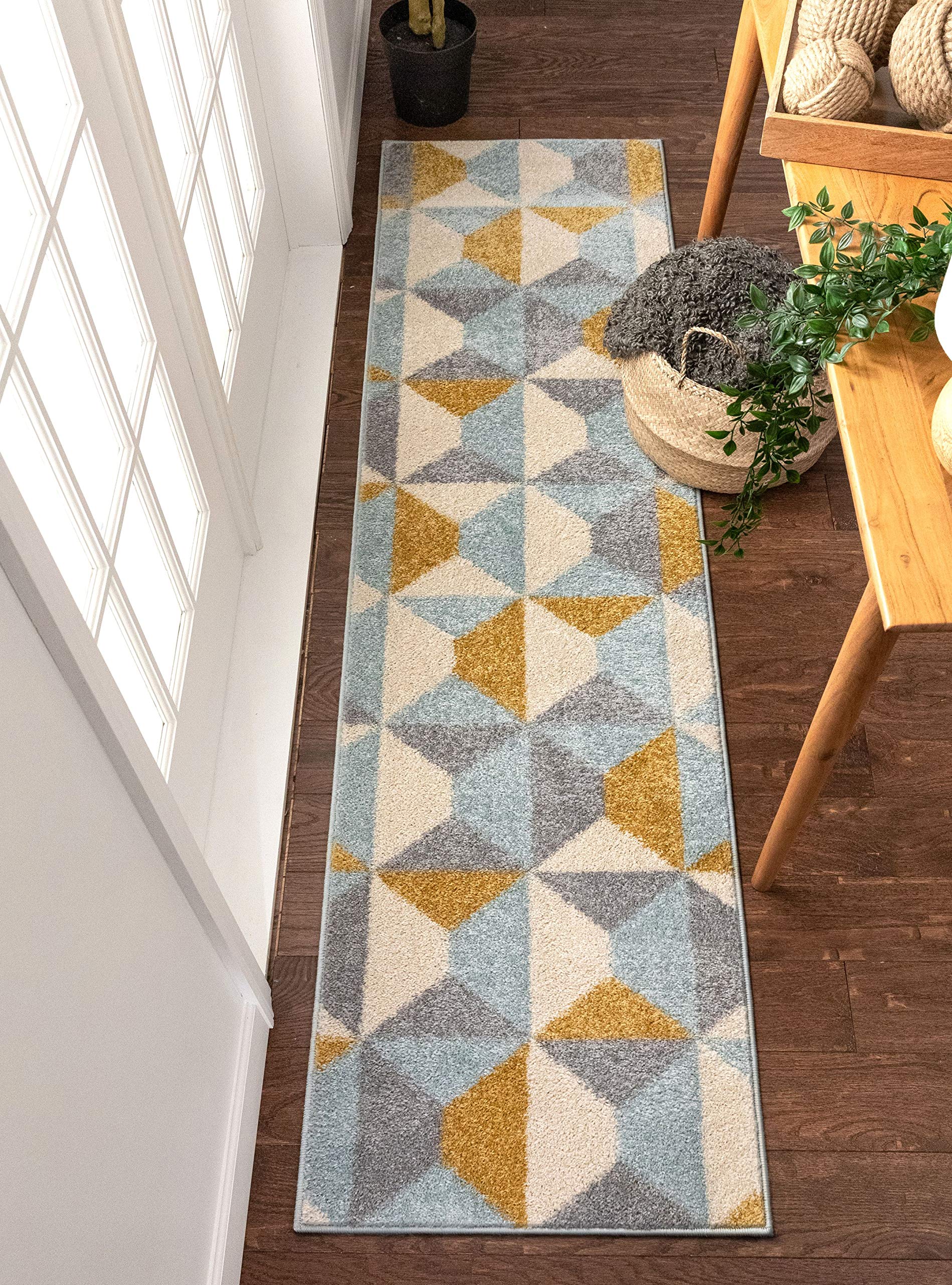 Yara Scandanavian Abstract Geometric Blue & Mustard Yellow Rug 3x5 (3'11" x 5'3")