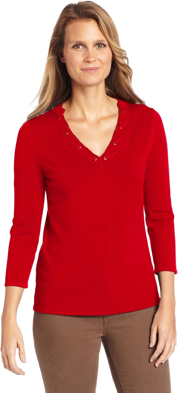 Cable & Gauge Women's VNeck Pullover with Neckline Lacing Detail, Rojo