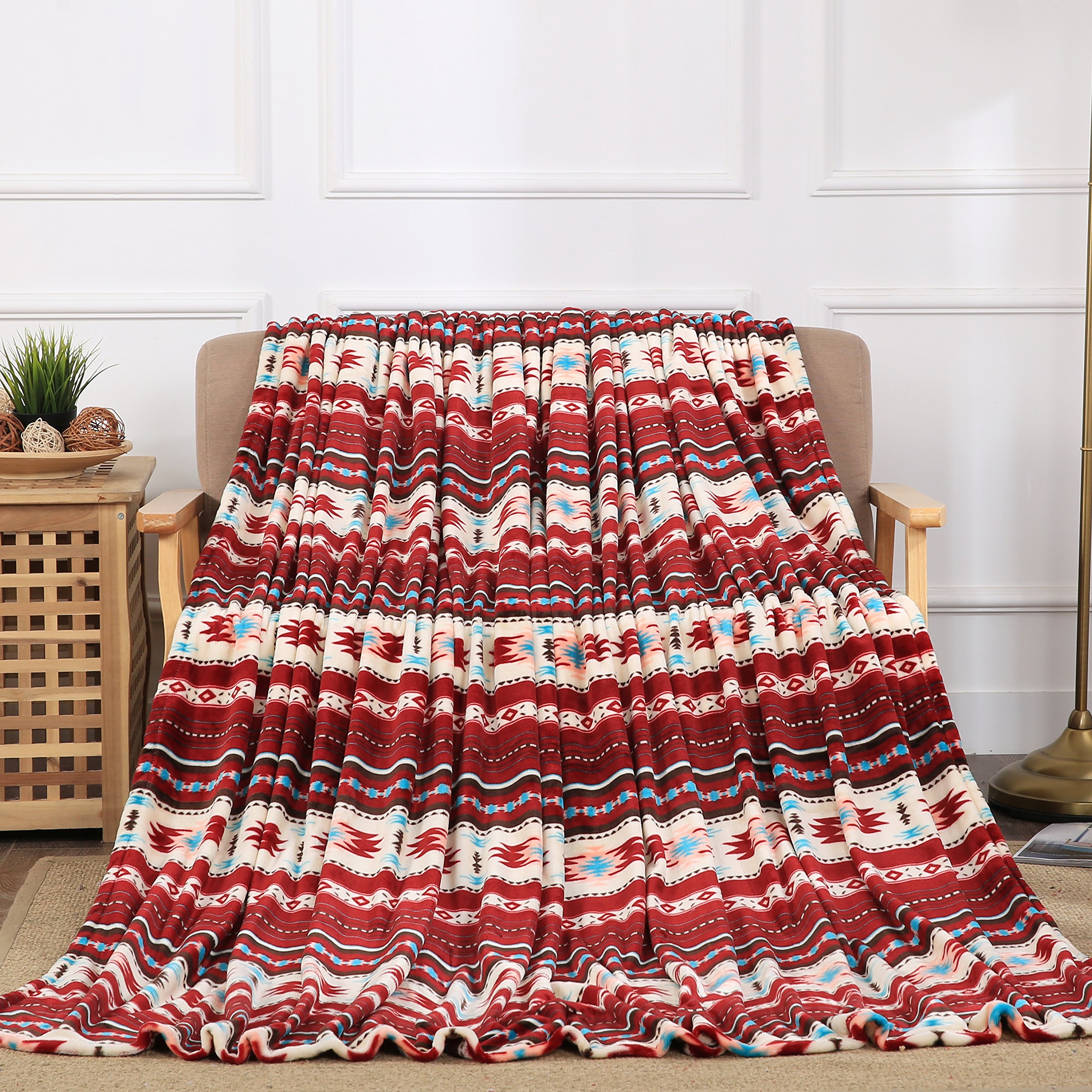 All American CollectionSuper Soft Ultra Comfort Plush Microfiber Solid Throw Blanket for Couch Home Bedroom Living Room (King, Beverly Burgundy Southwest)