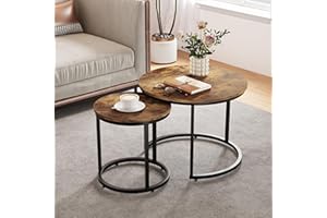 Smuxee Nesting Coffee Table Set of 2, 23.6" Round Coffee Table Rustic Wood Top with Adjustable Non-Slip Feet, Industrial End Table Side Tables for Living Room Bedroom Balcony Yard