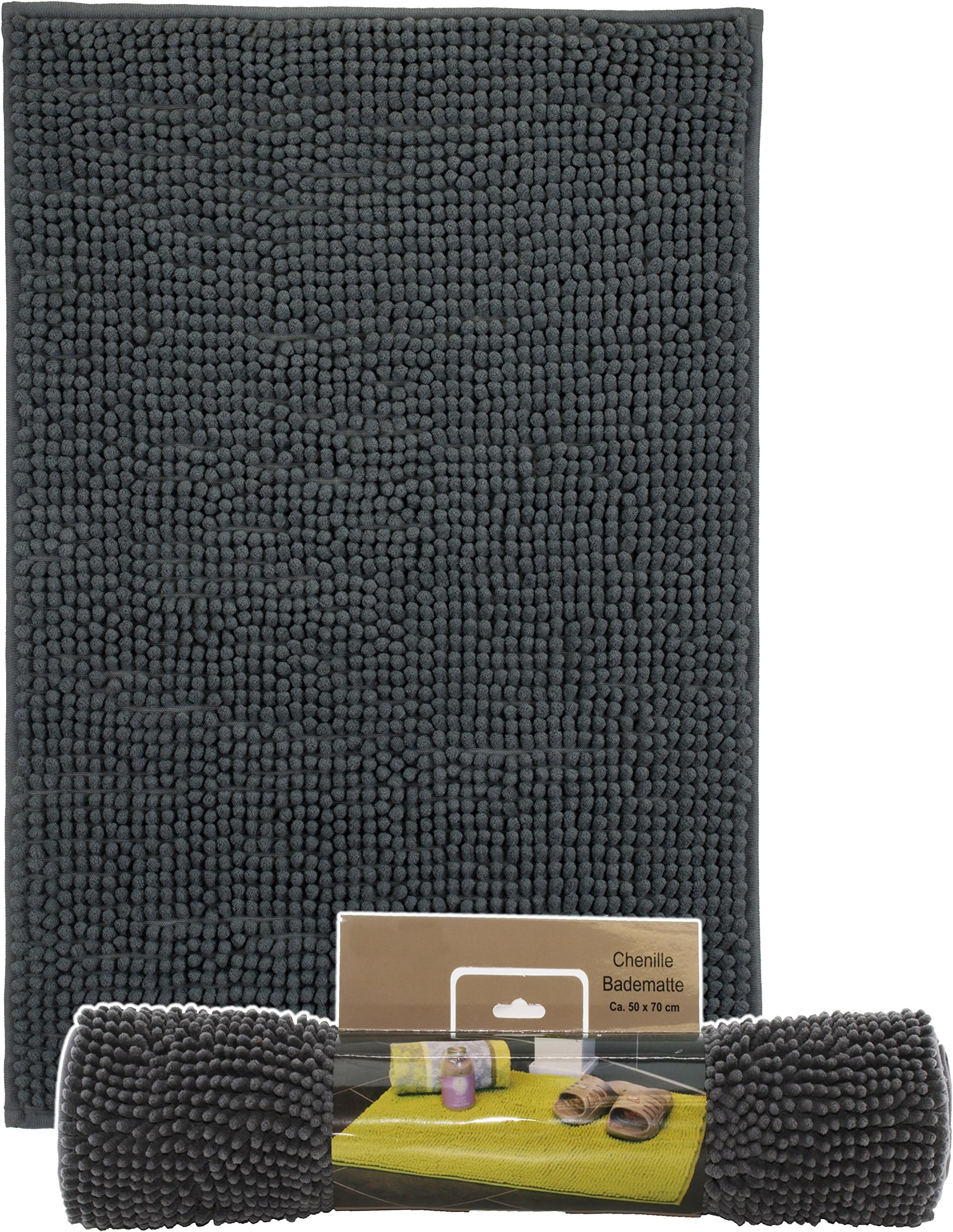 Brandseller Modern Chenille Bath Mat, Shower Mat in Shaggy Style Cream, Green, Turquoise, Bordeaux, Grey and Taupe, Approx. 50 x 70 cm, Microfibre, Grey (grey 1), 50x 70 cm