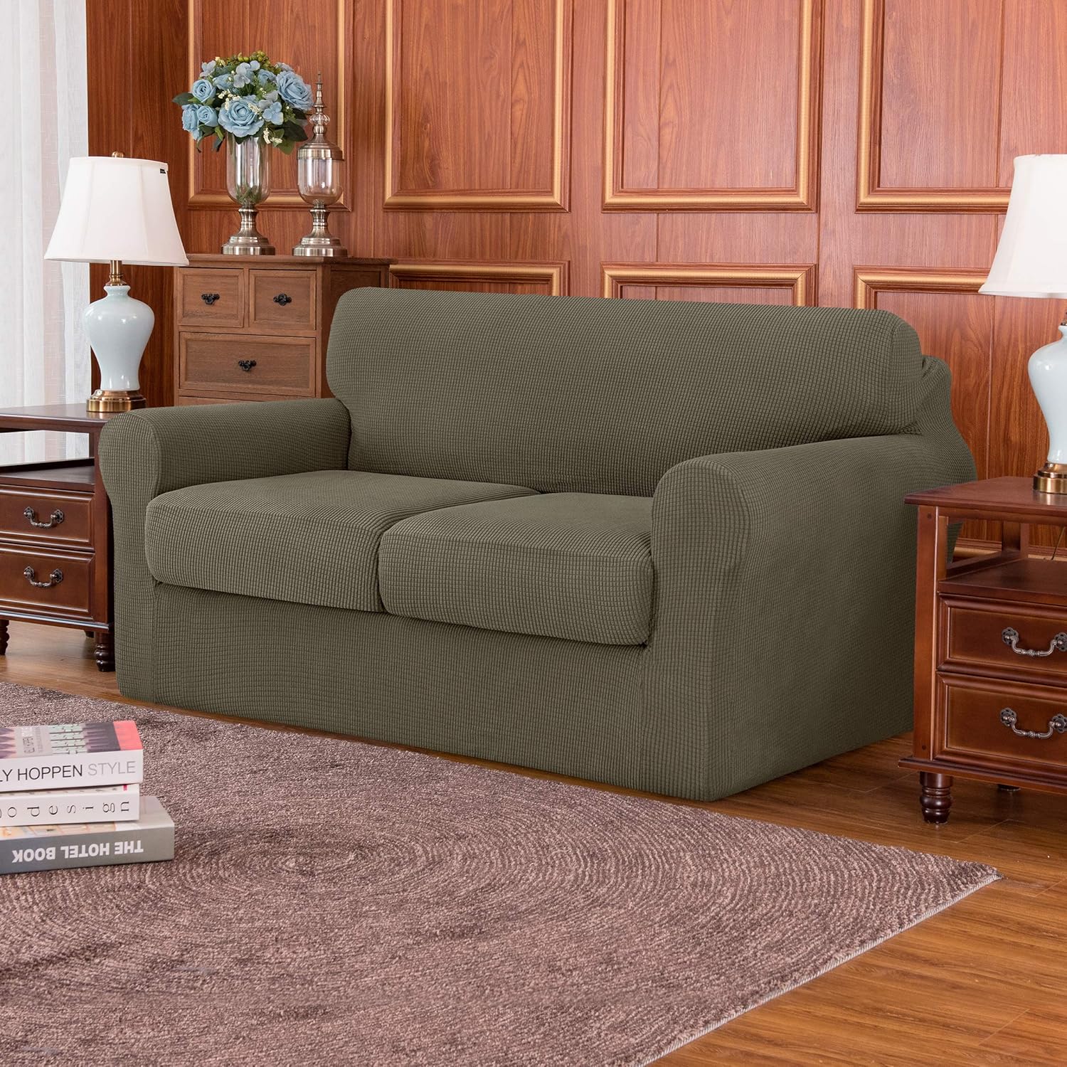 subrtex High Stretch Jacquard Loveseat Slipcover with 2 Separate Cushion Common Couch Sofa Cover Coat for 2-Seater Conventional Settee Spandex Washable Furniture Protector (Medium, Gray): Home & Kitchen